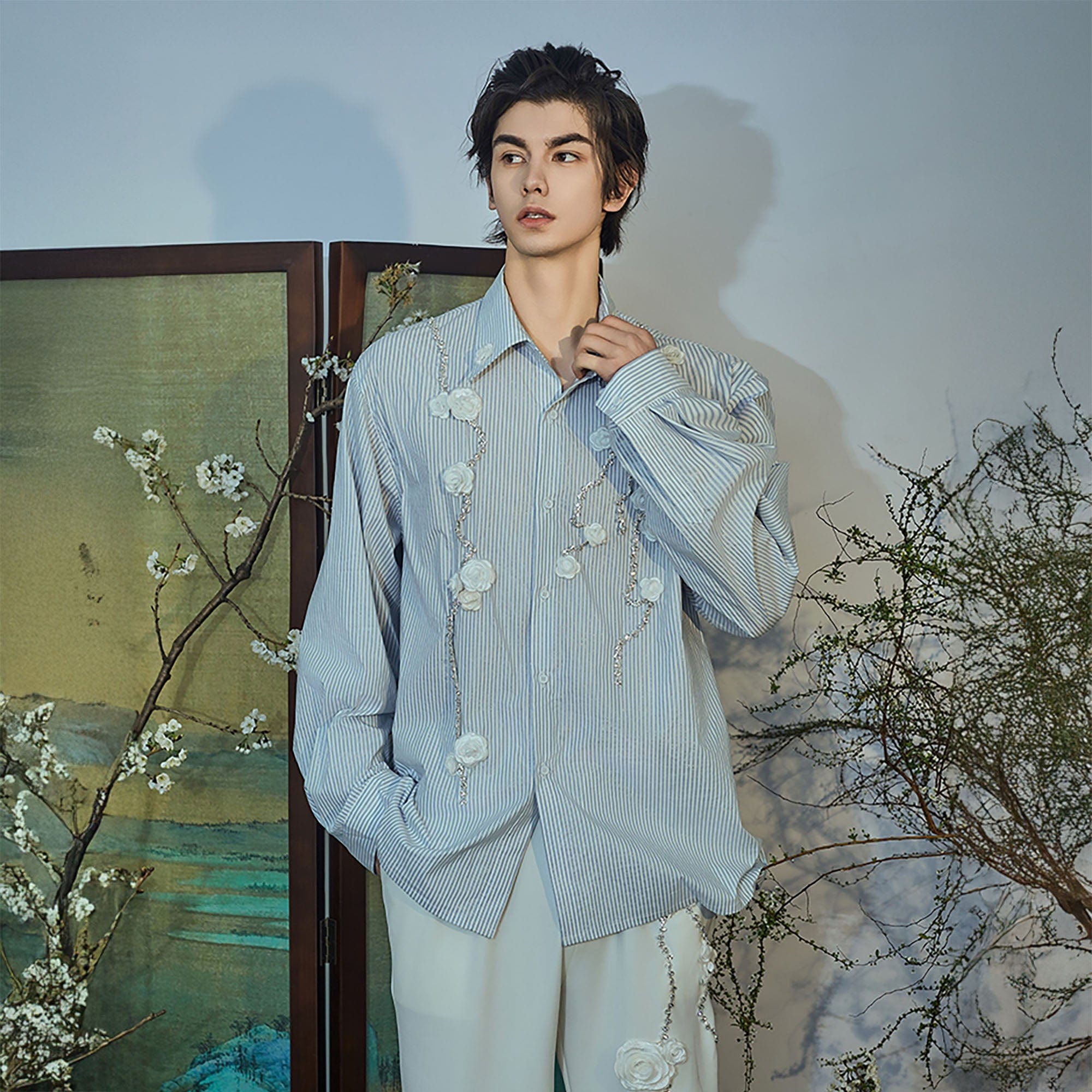 JIECHI Vine Rose Embroidered Striped Shirt, premium urban and streetwear designers apparel on PROJECTISR.com, JIECHI