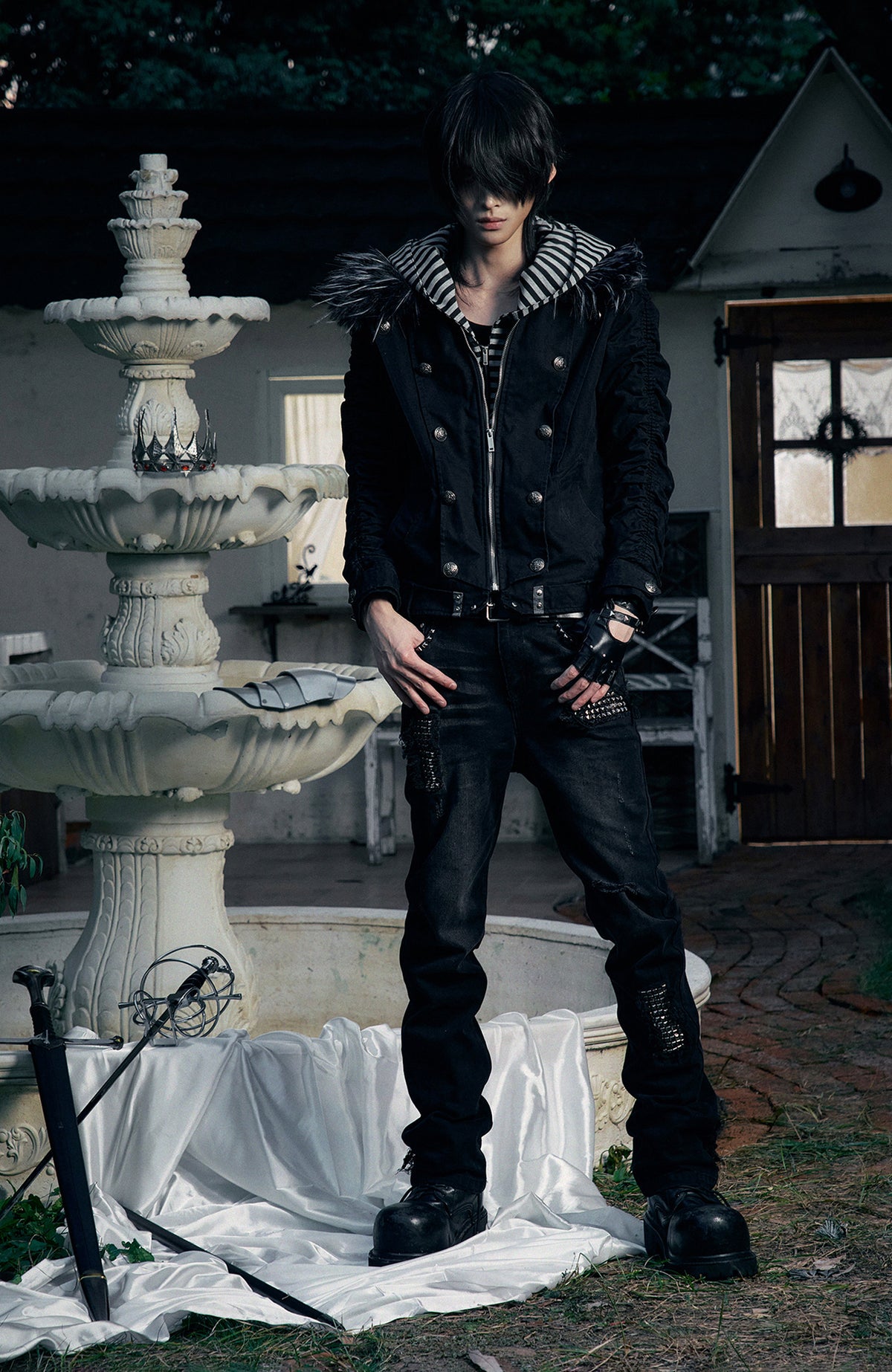 PAIKI Detachable Fur-Collar Canvas Double-Breasted Jacket