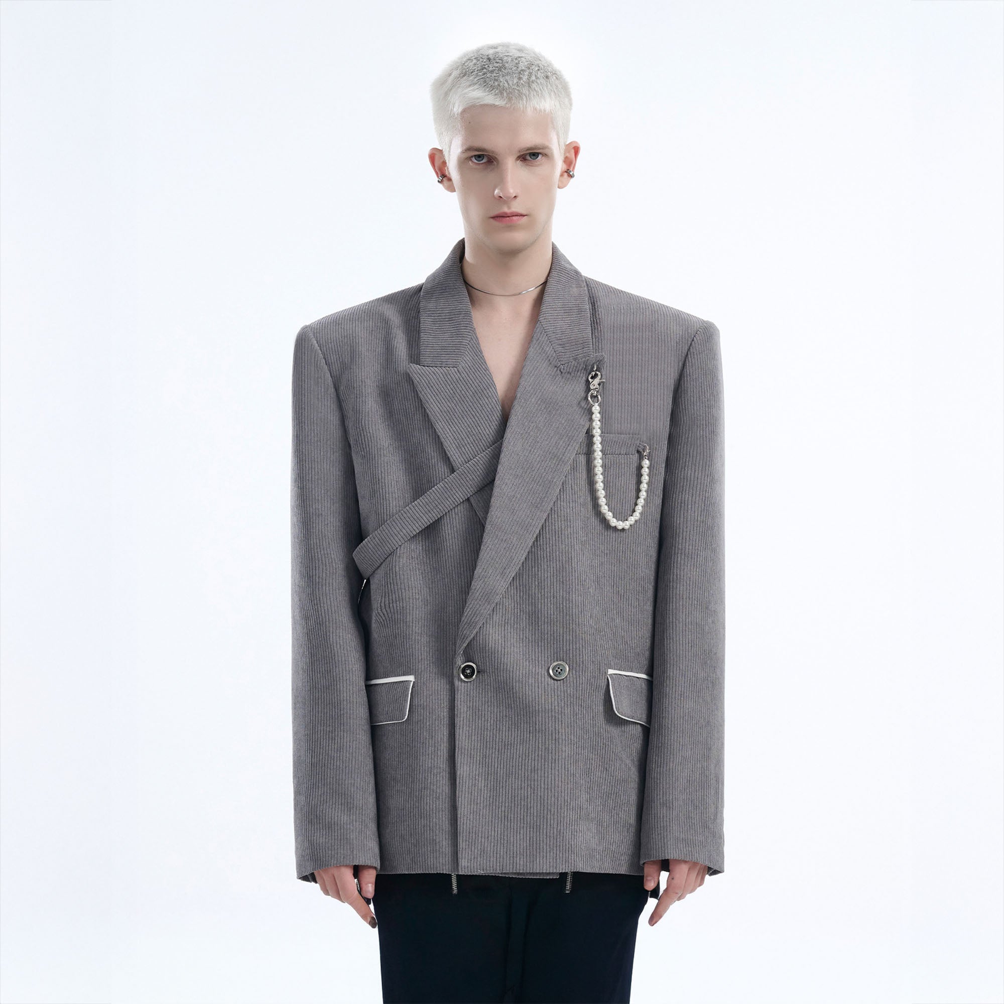 TIWILLTANG Asymmetrical Strap Pearl-Chain Corduroy Blazer