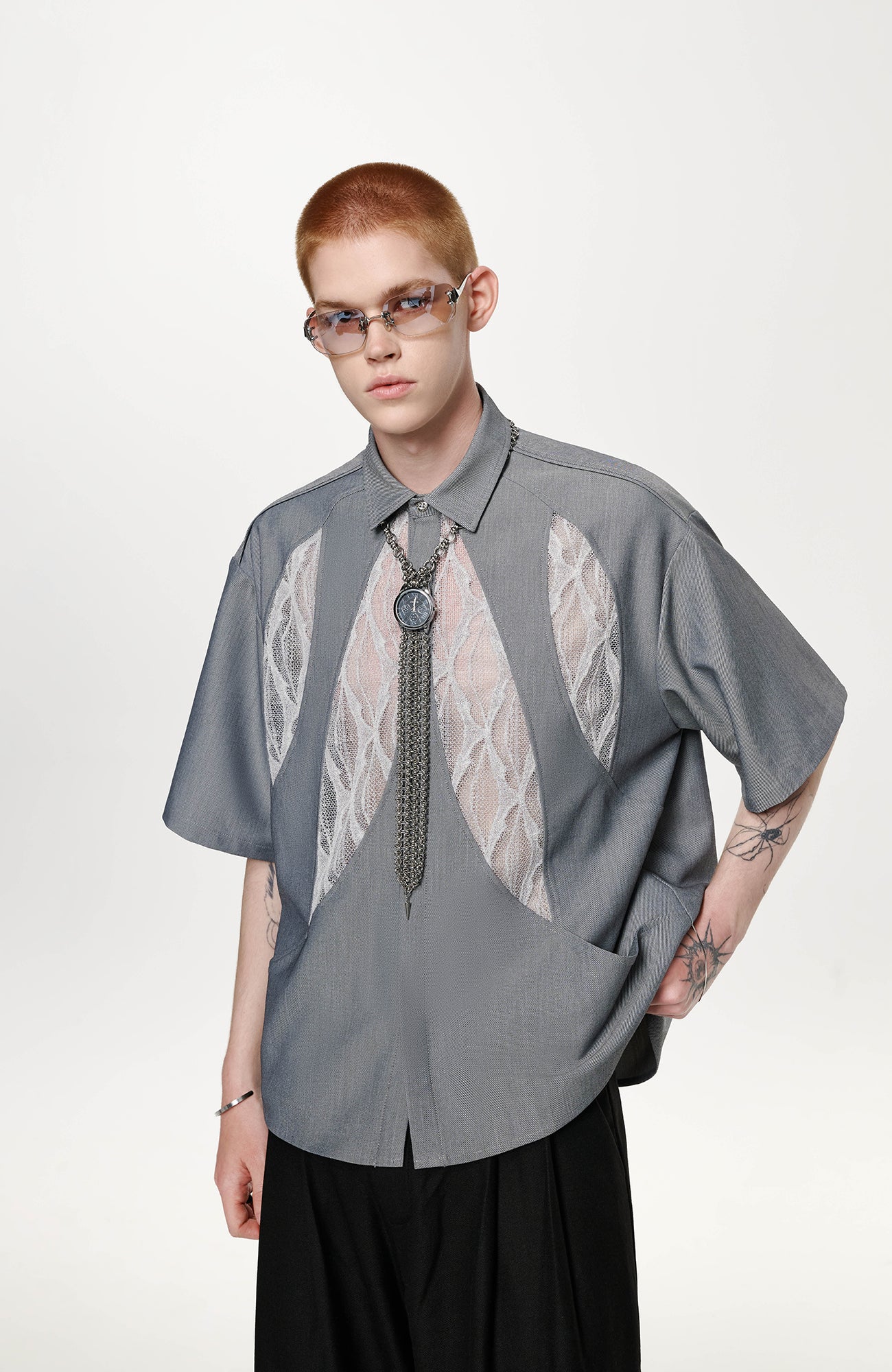 TIWILLTANG Leaf Lace Paneled Half Shirt