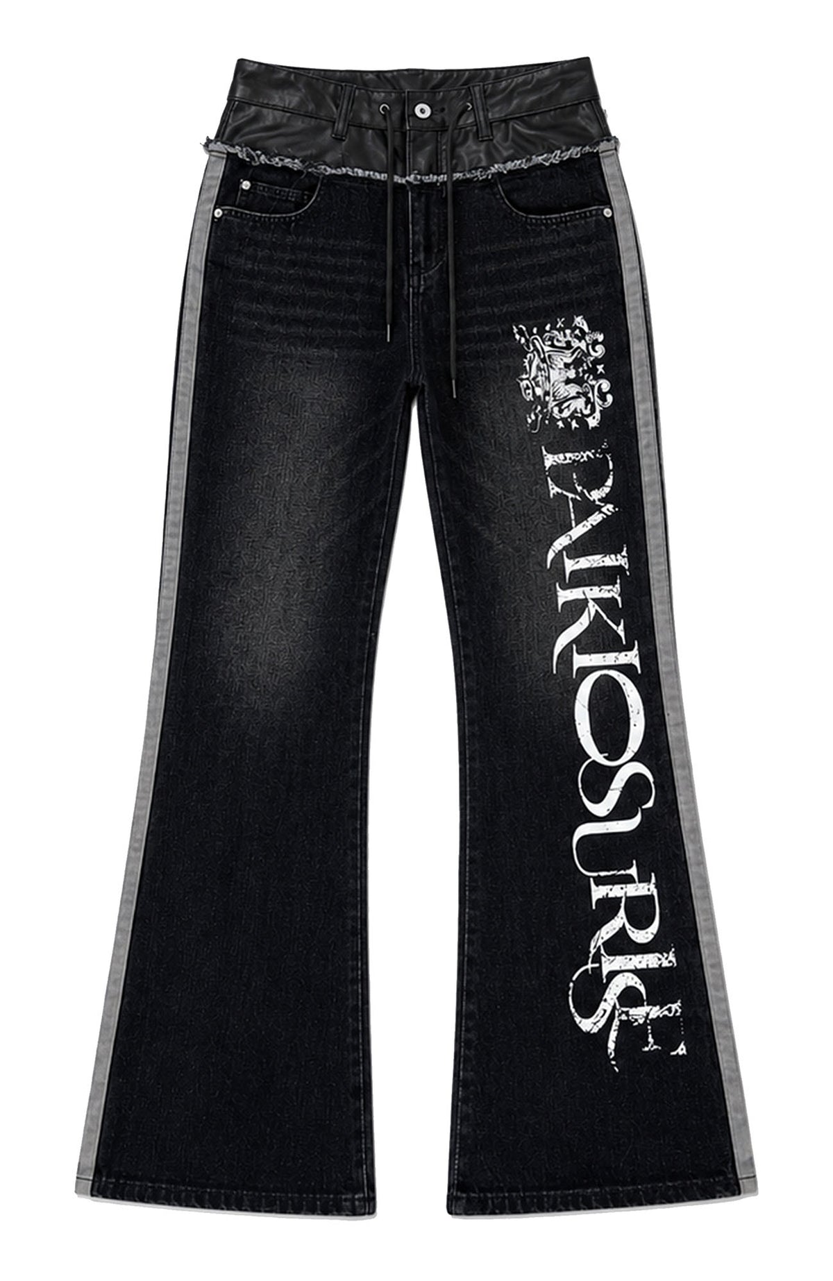 PAIKI Totem Graphic Spliced Faux Fur Frayed Washed Flared Jeans