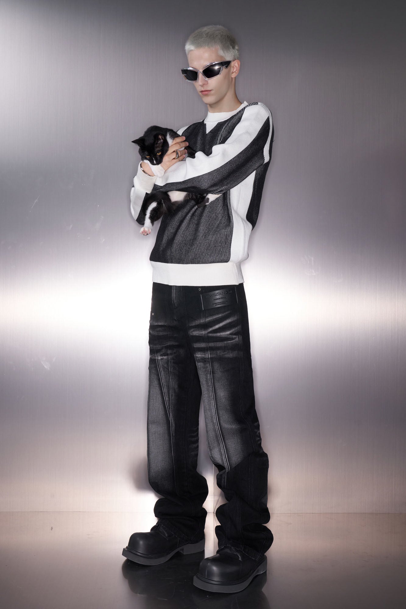 TIWILLTANG Whiskering Washed Panel Straight-Leg Jeans, premium urban and streetwear designers apparel on PROJECTISR.com, TIWILLTANG