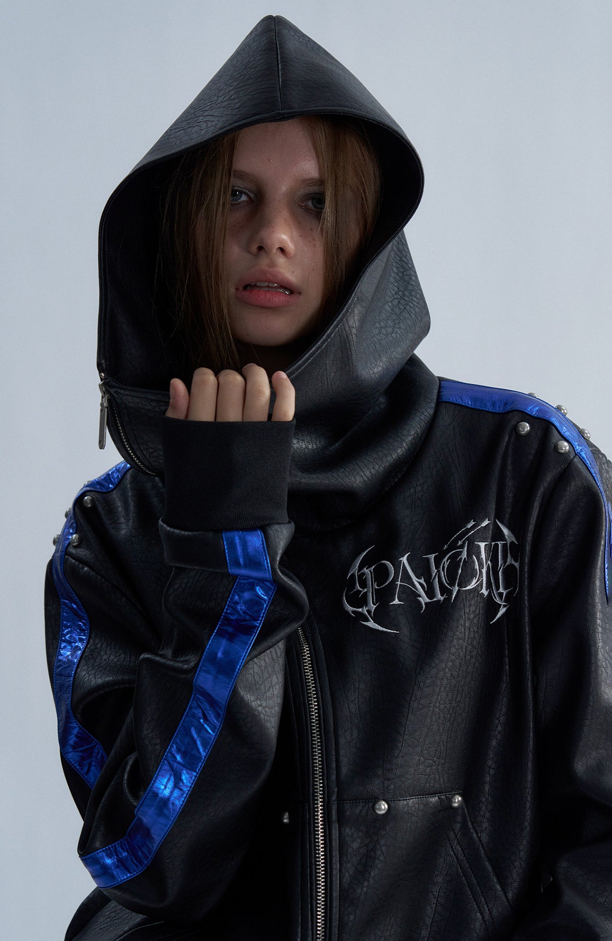 PAIKI Embroidered Studded Zip-Up Hooded Faux Leather Jacket
