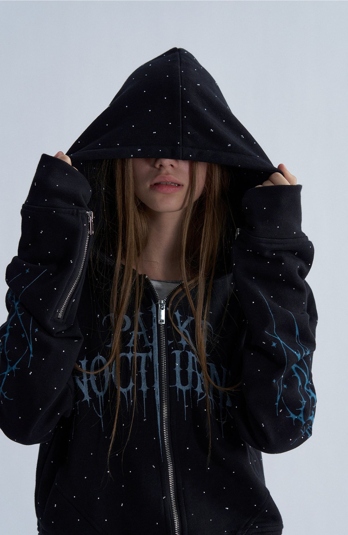 PAIKI Studded Rhinestone Zip-Up Hoodie