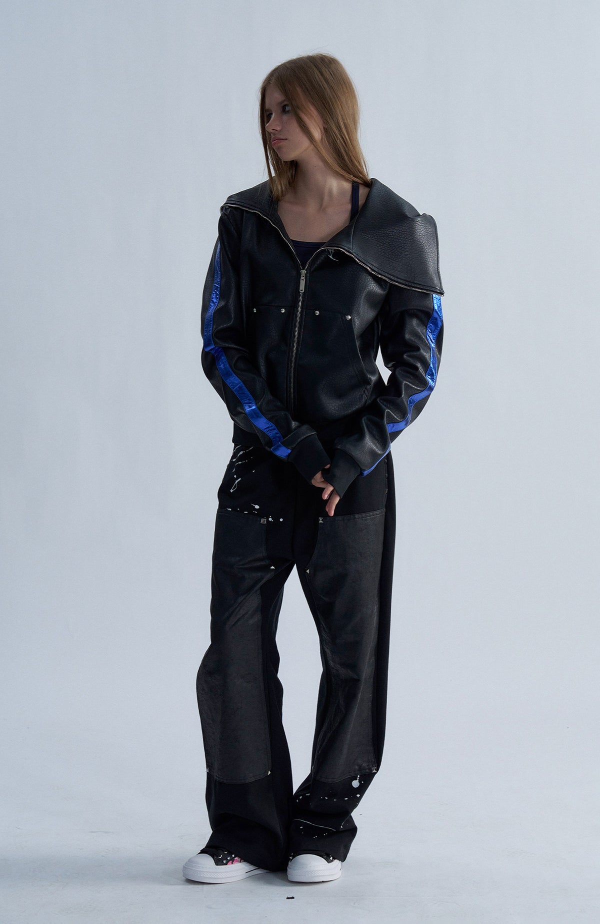 PAIKI Embroidered Studded Zip-Up Hooded Faux Leather Jacket