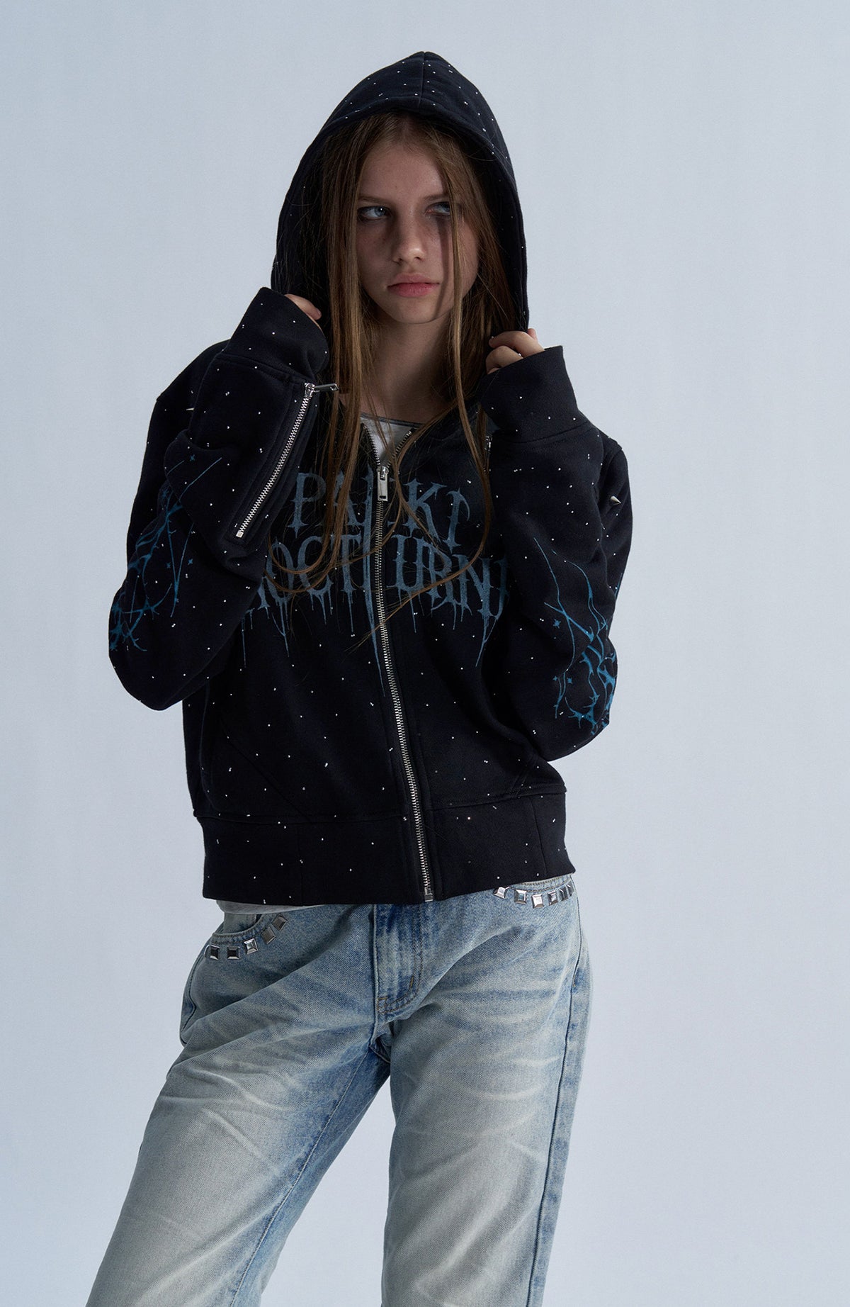 PAIKI Studded Rhinestone Zip-Up Hoodie