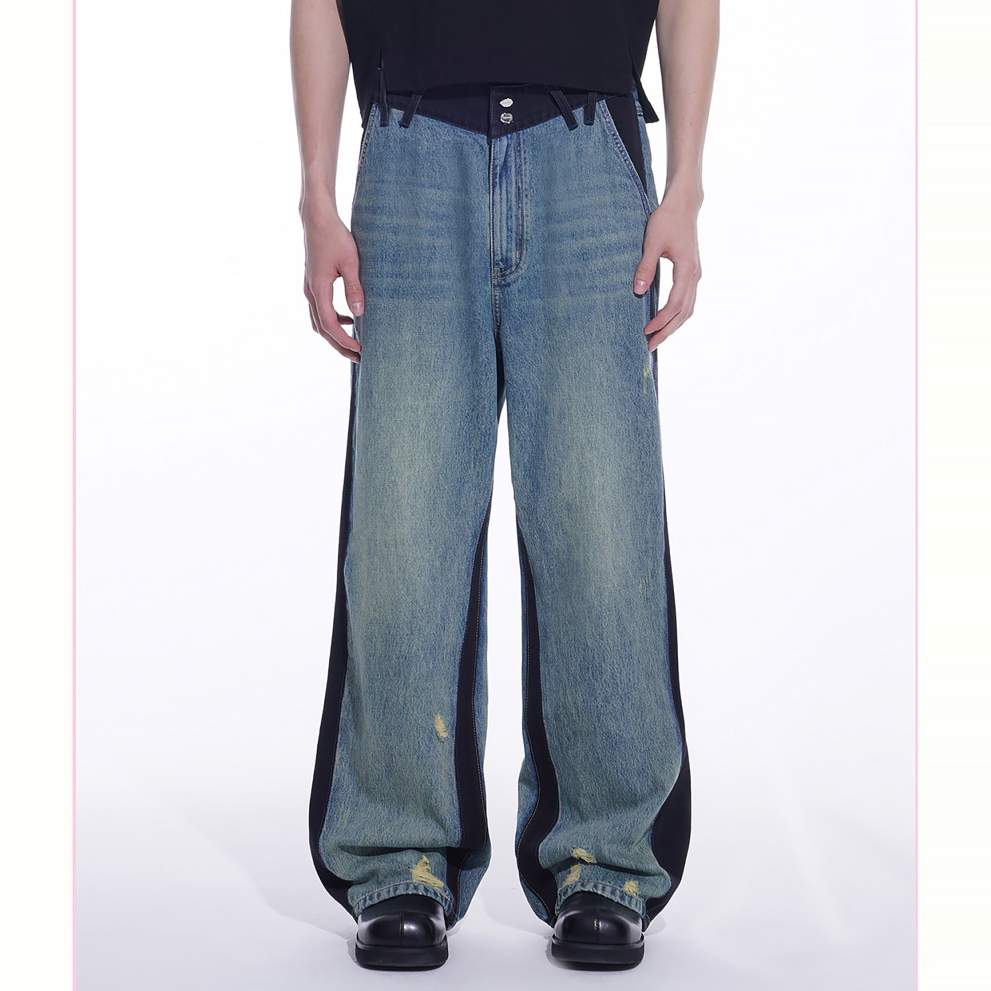 TIWILLTANG Distressed Contrast Paneled Wide-Leg Jeans