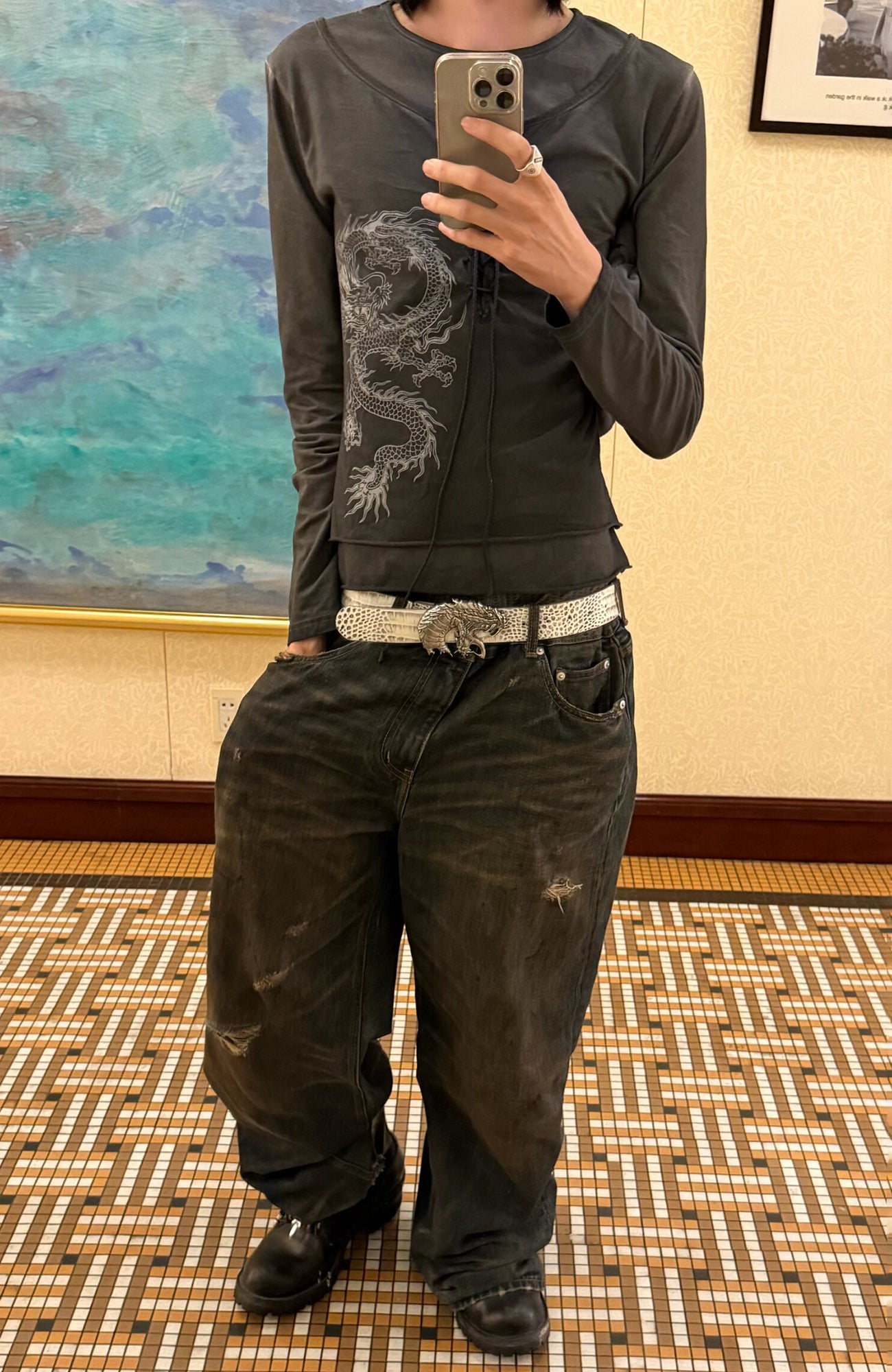 REGEN ZONE Distressed Whisker Baggy Wide-Leg Jeans