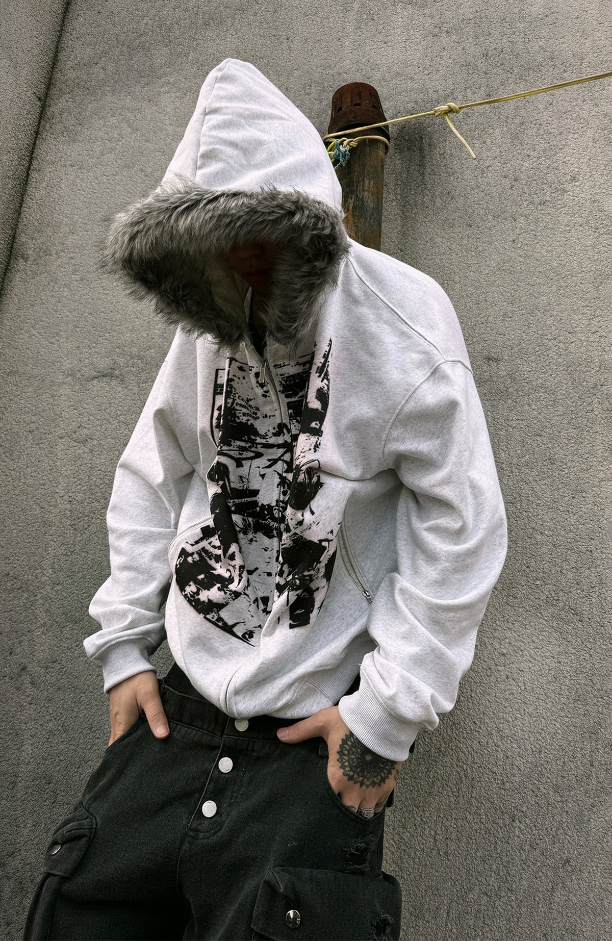 PAIKI Retro Band Graphic Faux Fur Collar Zip-Up Hoodie