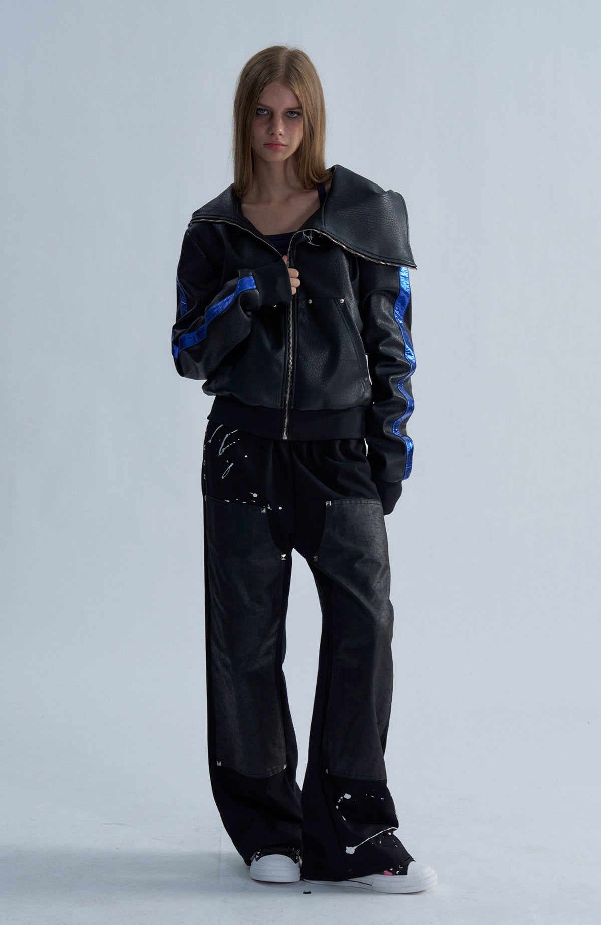 PAIKI Embroidered Studded Zip-Up Hooded Faux Leather Jacket