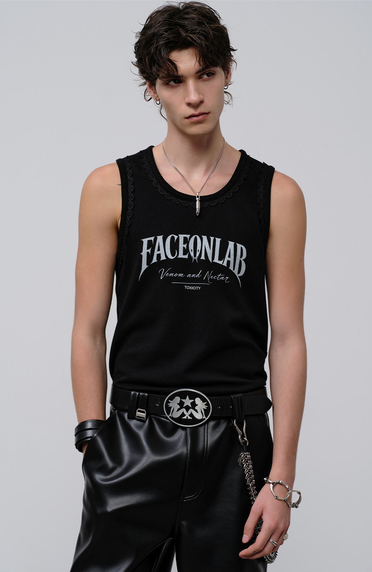 FACEONLAB Lace Trim Gothic Letters Sleeveless Tank