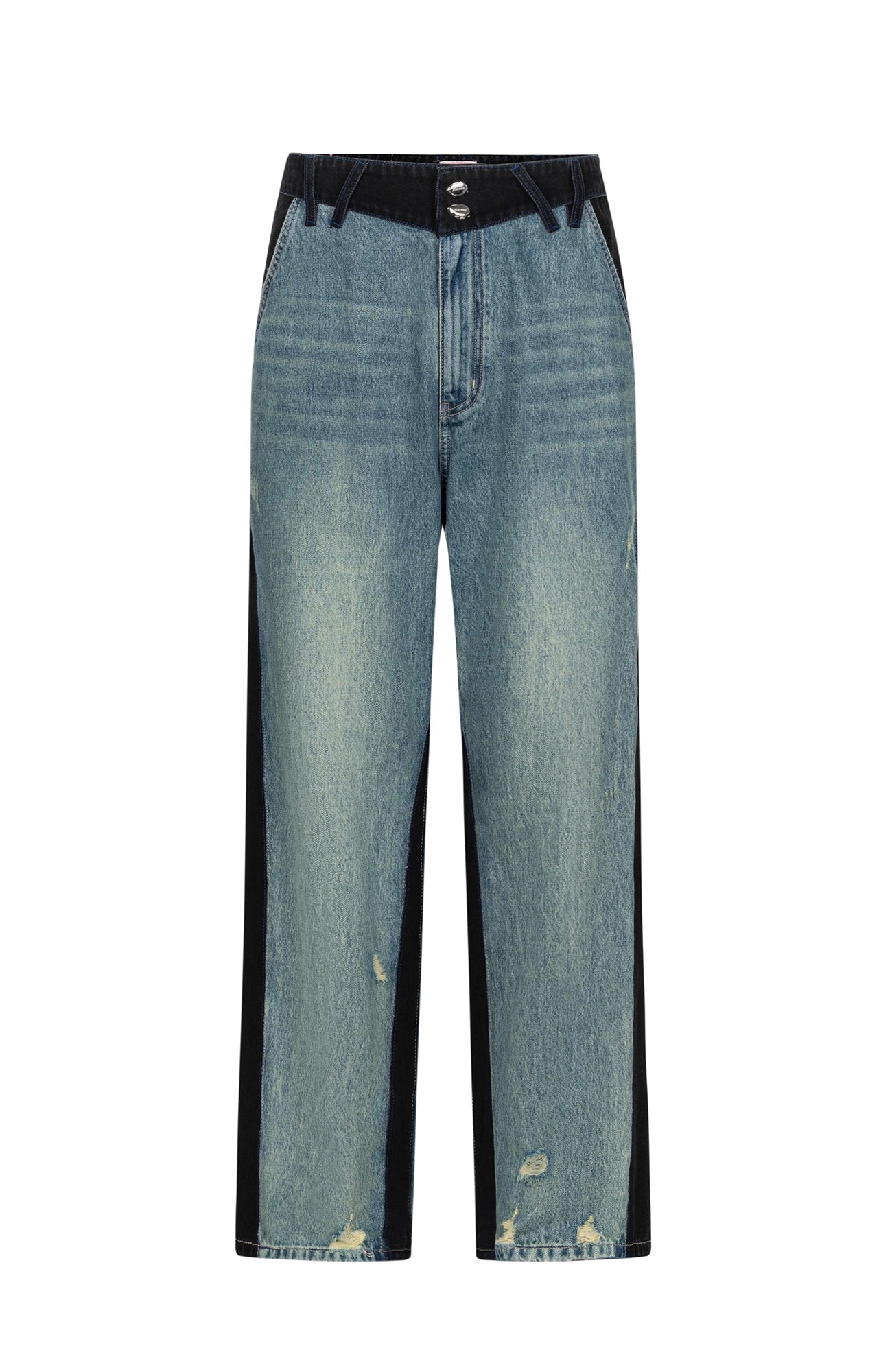 TIWILLTANG Distressed Contrast Paneled Wide-Leg Jeans, premium urban and streetwear designers apparel on PROJECTISR.com, TIWILLTANG