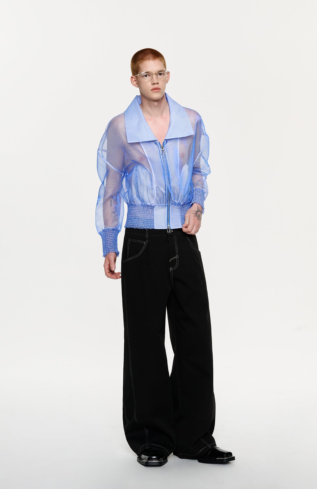 TIWILLTANG Sheer Zip-Up Cropped Jacket