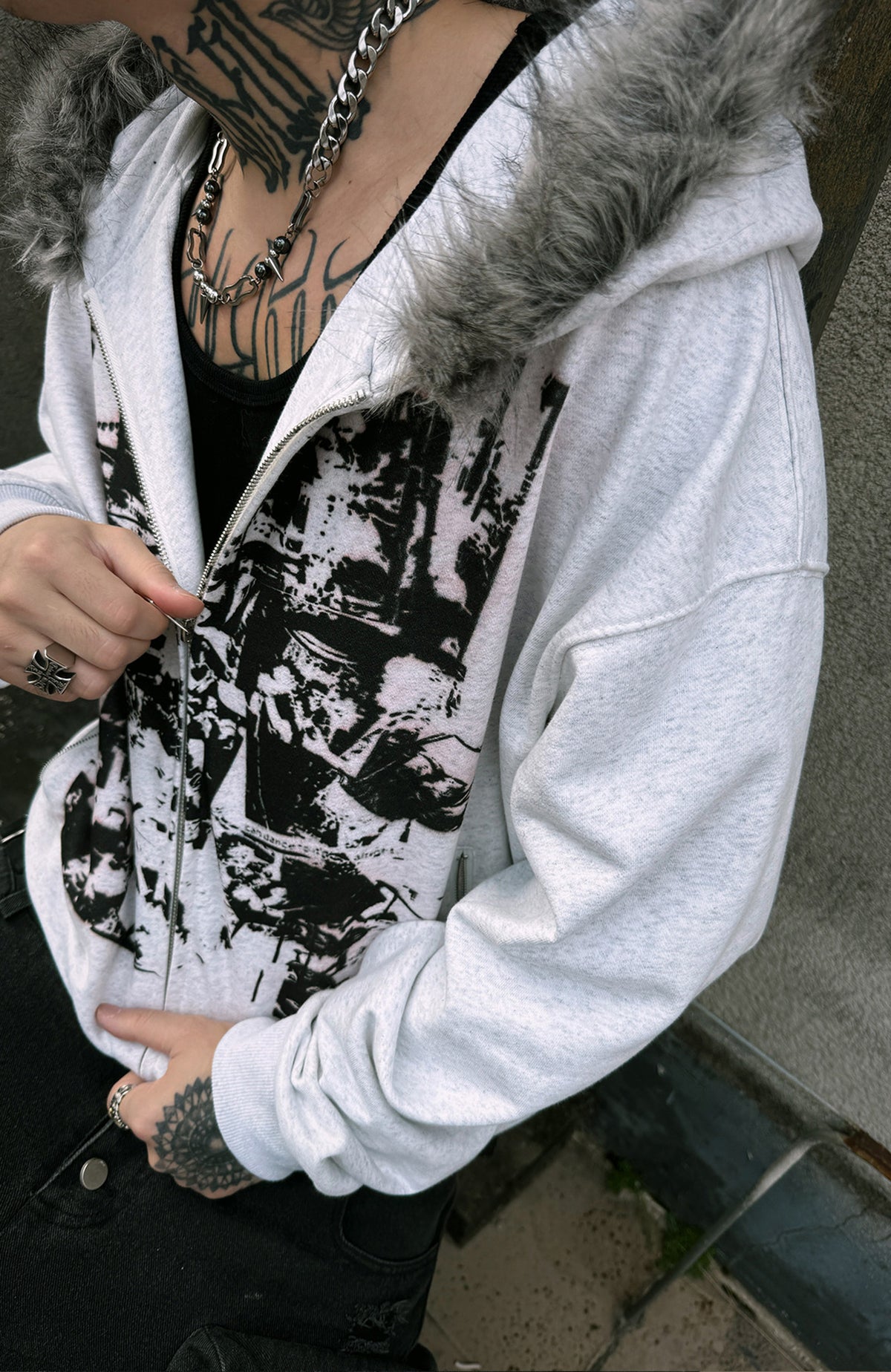 PAIKI Retro Band Graphic Faux Fur Collar Zip-Up Hoodie