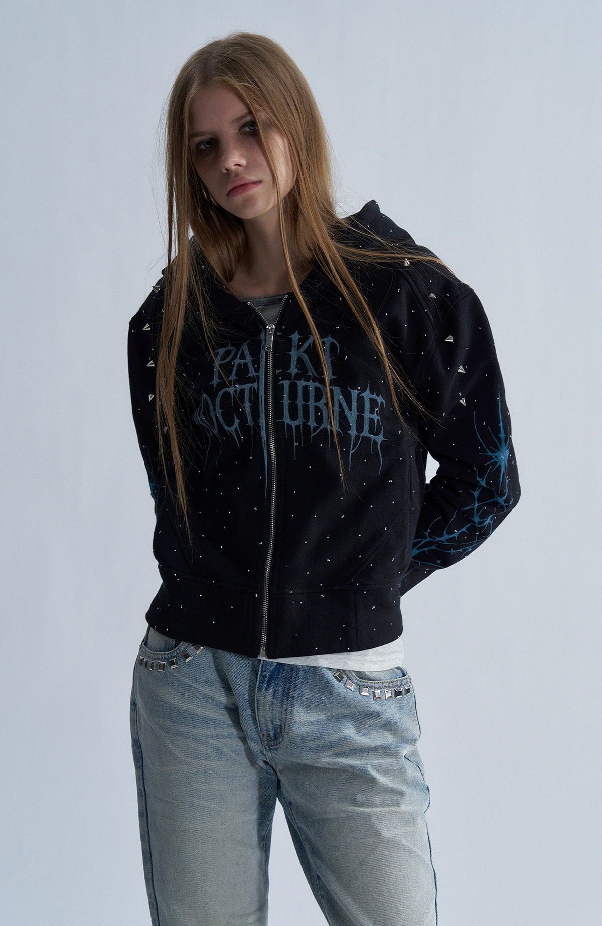 PAIKI Studded Rhinestone Zip-Up Hoodie