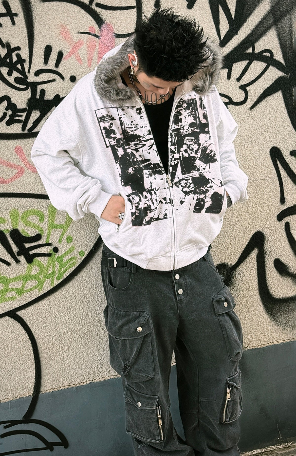 PAIKI Retro Band Graphic Faux Fur Collar Zip-Up Hoodie