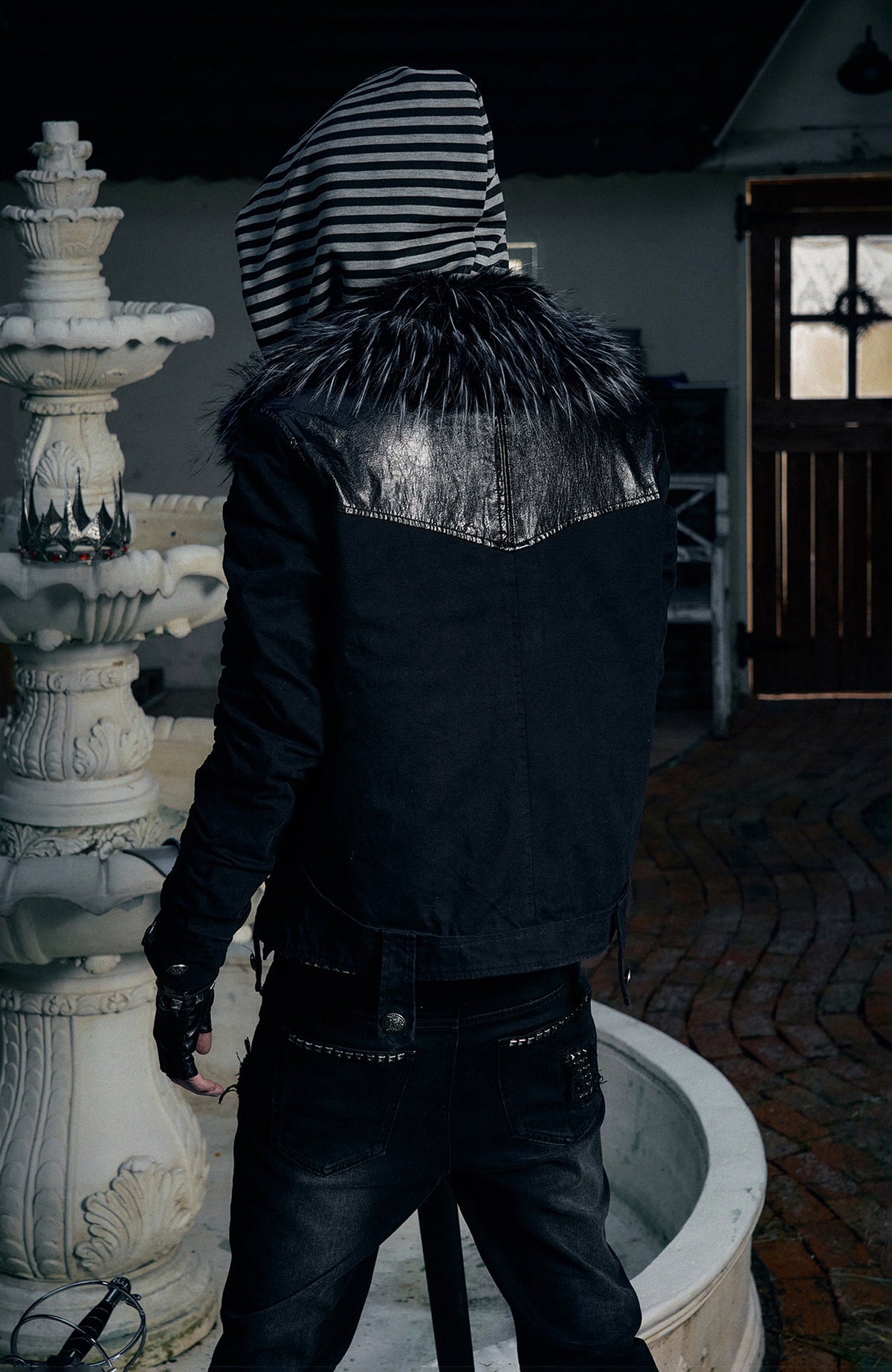 PAIKI Detachable Fur-Collar Canvas Double-Breasted Jacket