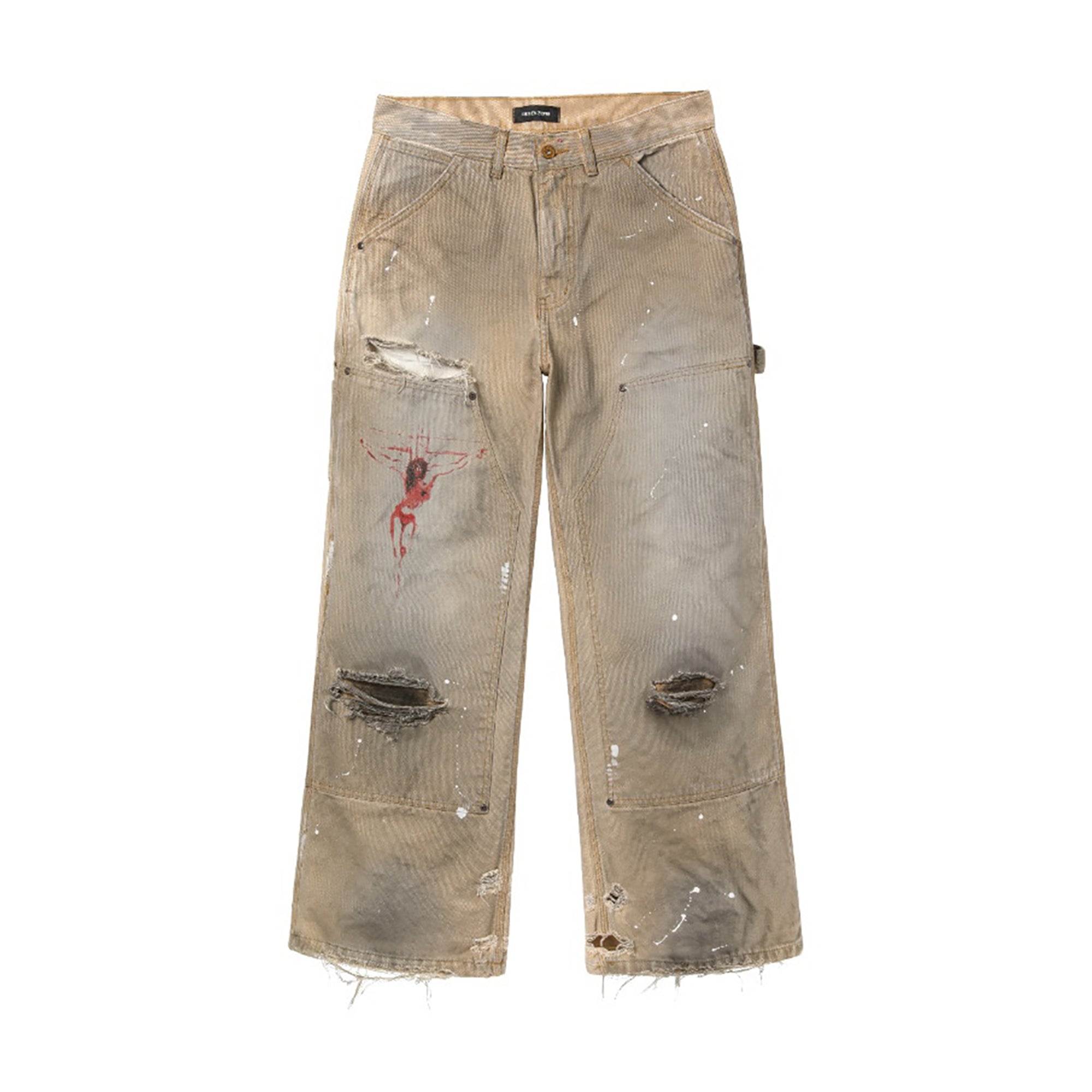 REGEN ZONE Dirty-Washed Cross Graphic Distressed Jeans