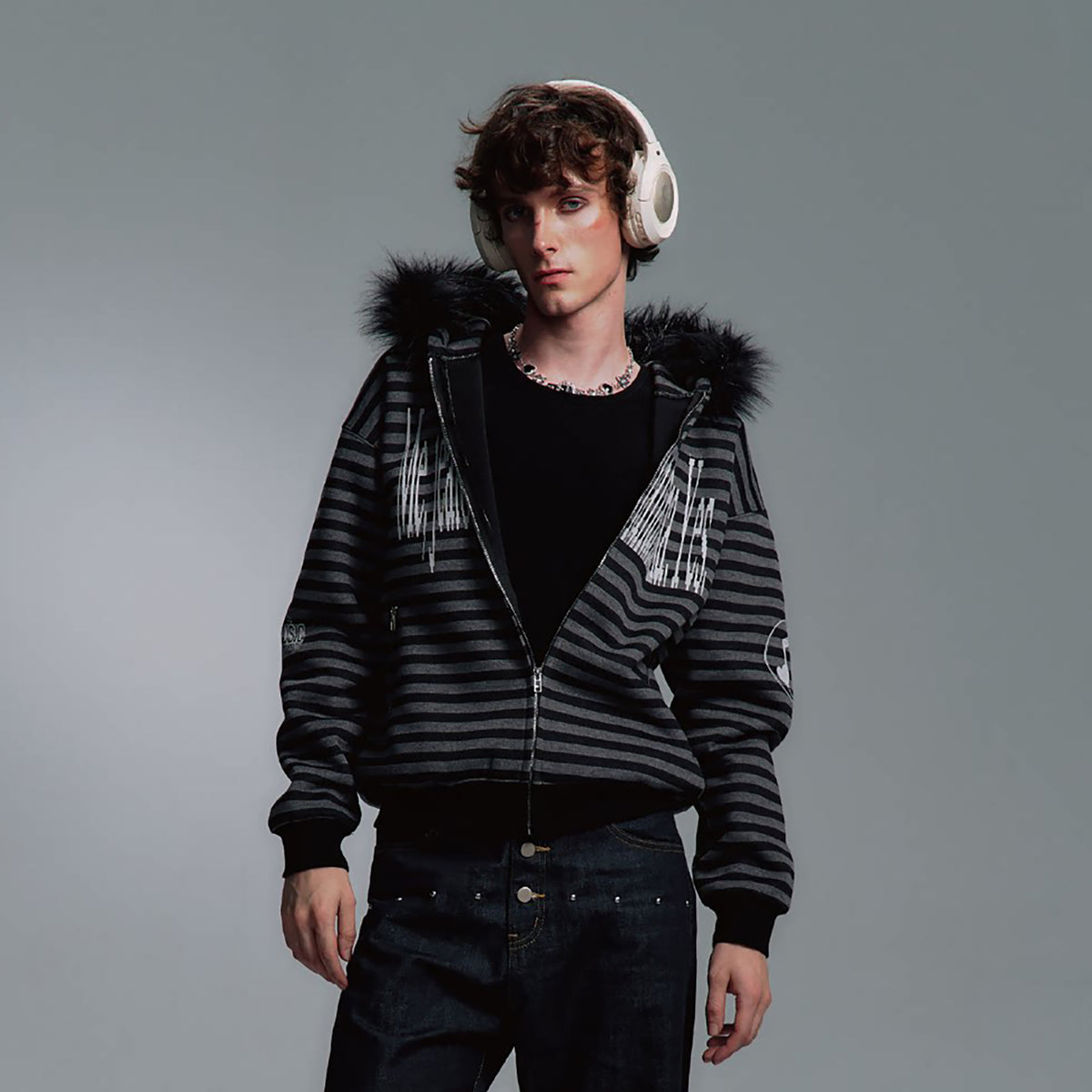 PAIKI Striped Ribbed Hooded Cardigan Sweater