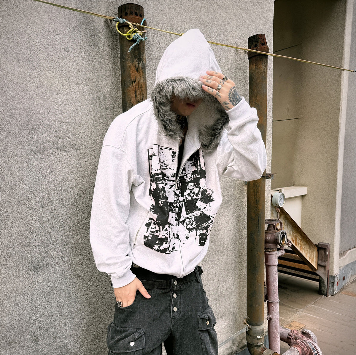 PAIKI Retro Band Graphic Faux Fur Collar Zip-Up Hoodie