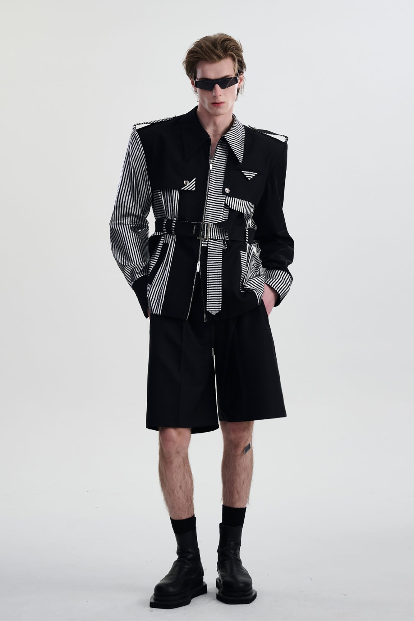 TIWILLTANG Contrast Deconstructed Belted Zip-Up Shirt