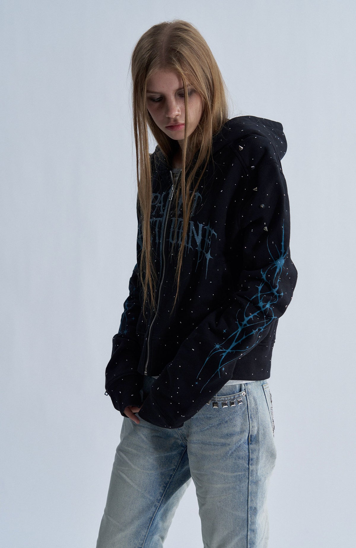 PAIKI Studded Rhinestone Zip-Up Hoodie