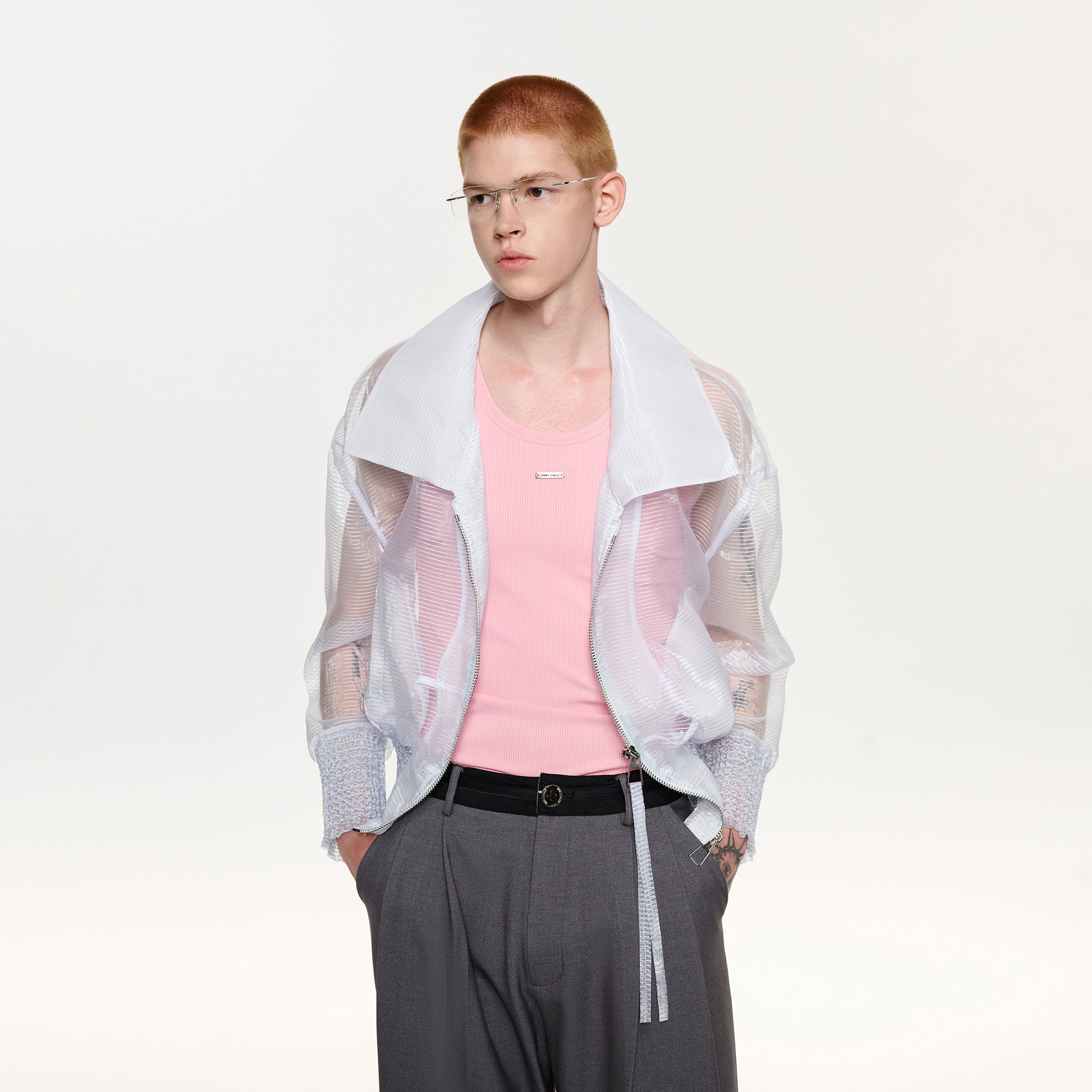TIWILLTANG Sheer Zip-Up Cropped Jacket