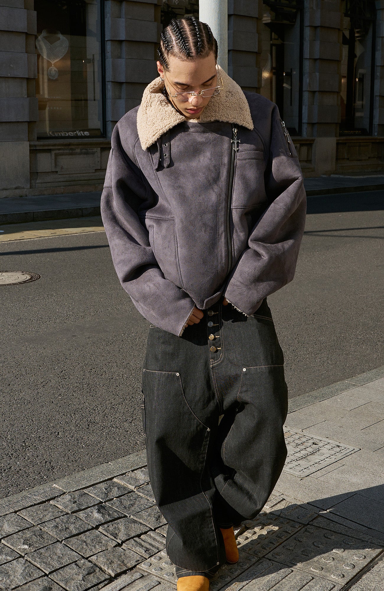 STEEPC Asym Zip Suede Shearling Jacket