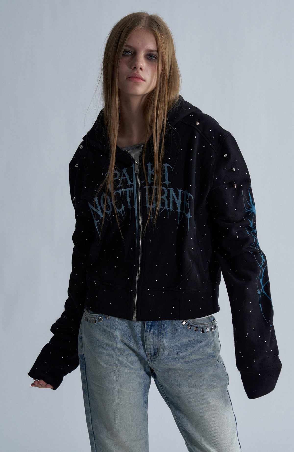 PAIKI Studded Rhinestone Zip-Up Hoodie