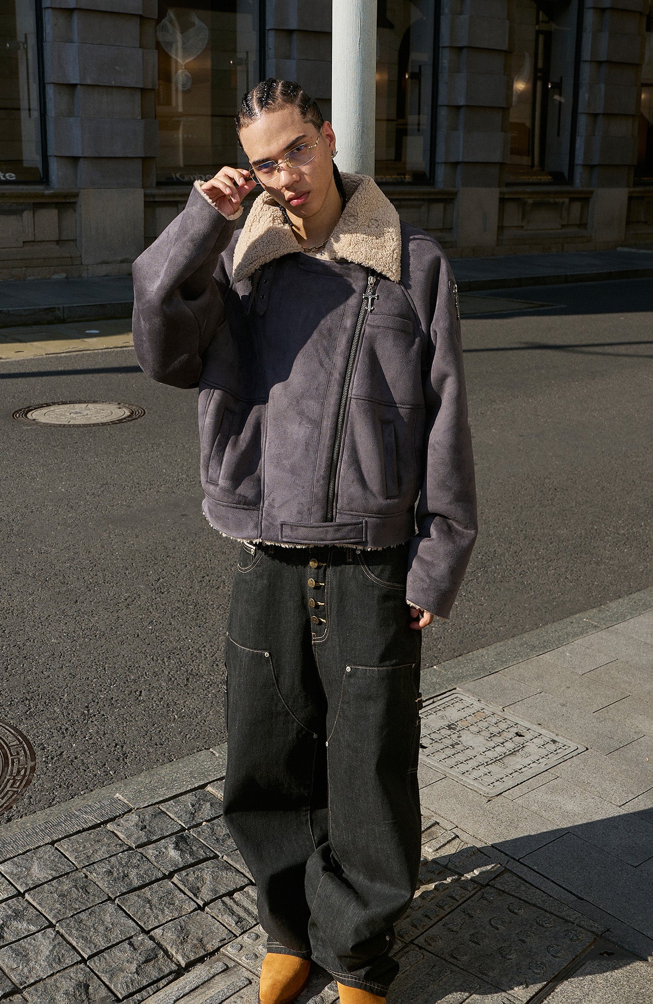 STEEPC Asym Zip Suede Shearling Jacket