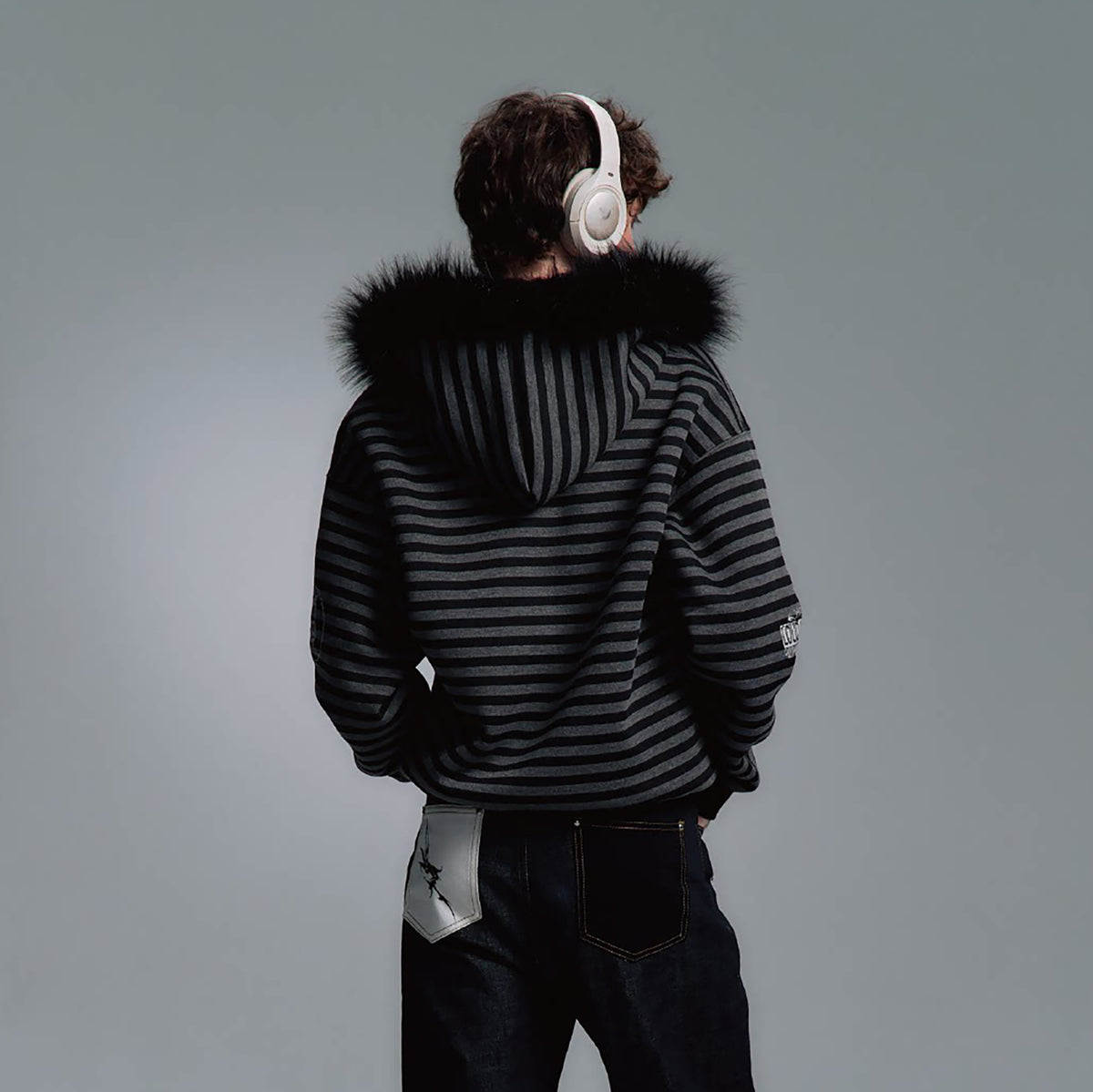 PAIKI Striped Ribbed Hooded Cardigan Sweater
