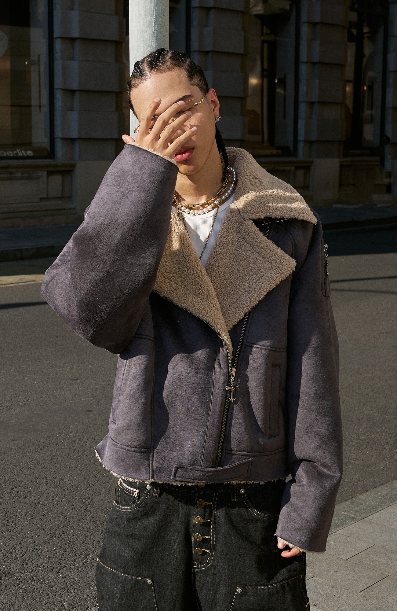 STEEPC Asym Zip Suede Shearling Jacket