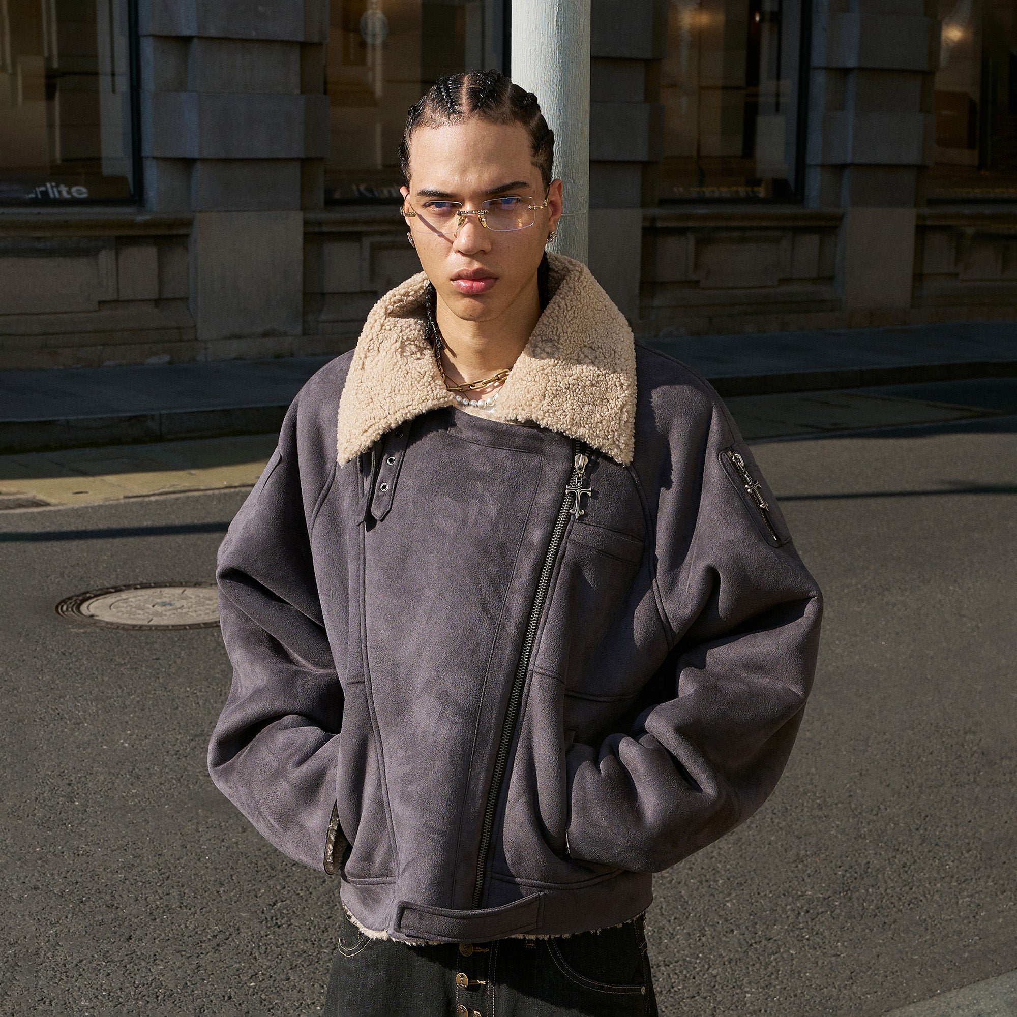 STEEPC Asym Zip Suede Shearling Jacket