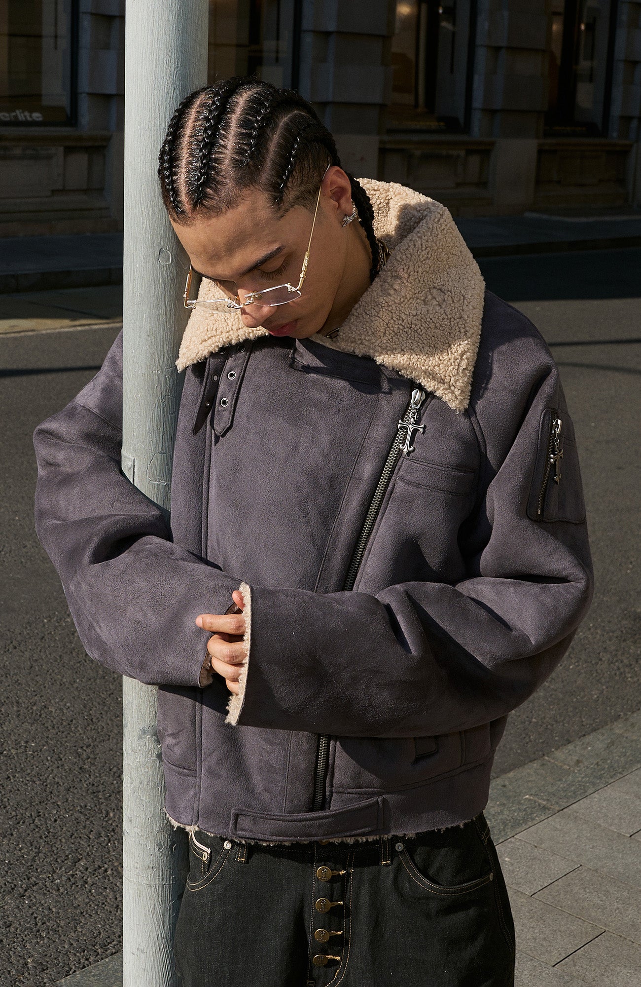 STEEPC Asym Zip Suede Shearling Jacket