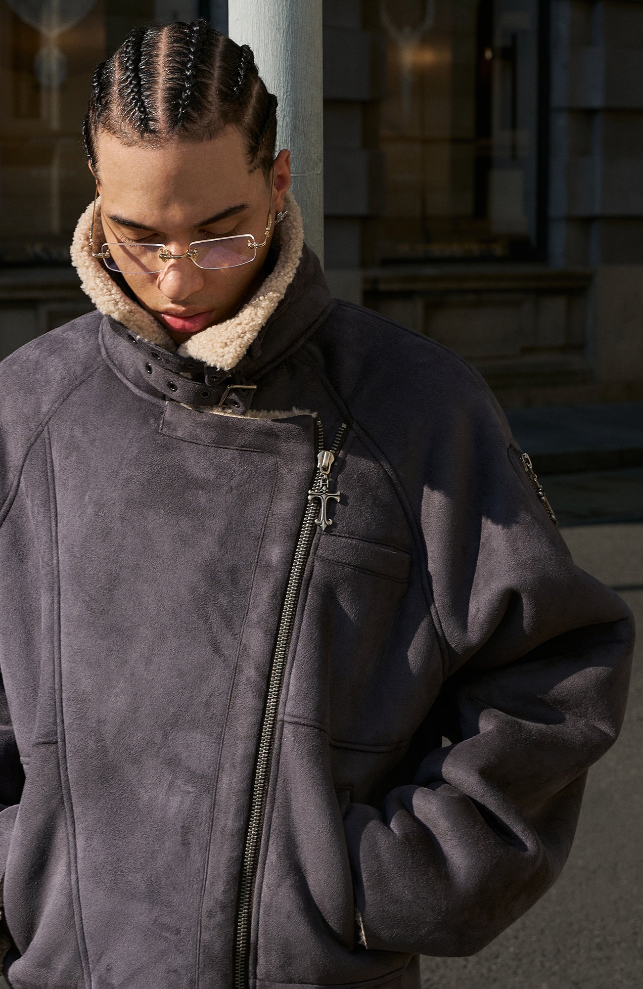 STEEPC Asym Zip Suede Shearling Jacket