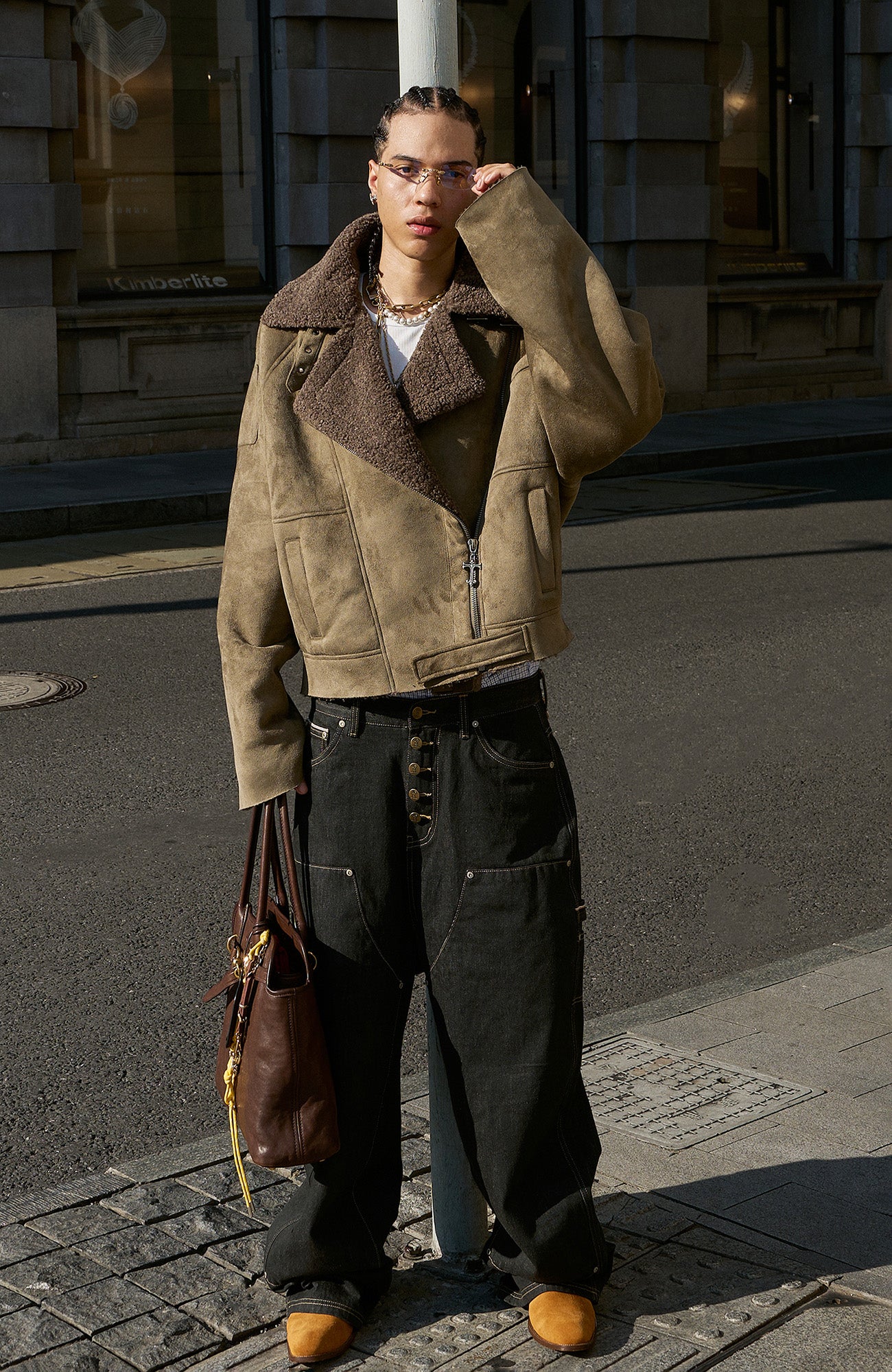 STEEPC Asym Zip Suede Shearling Jacket