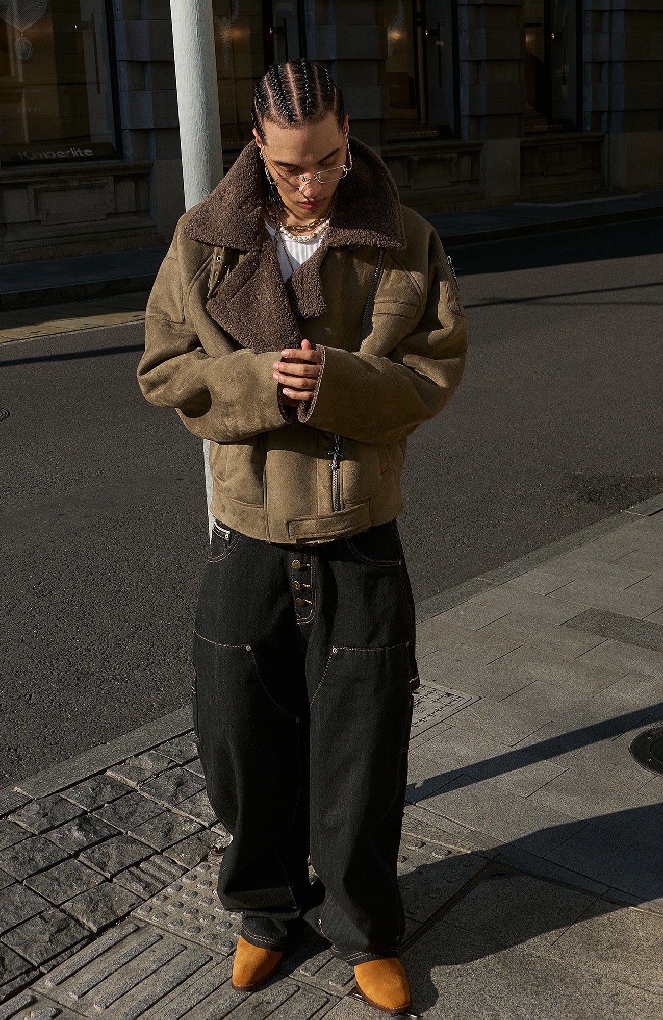 STEEPC Asym Zip Suede Shearling Jacket