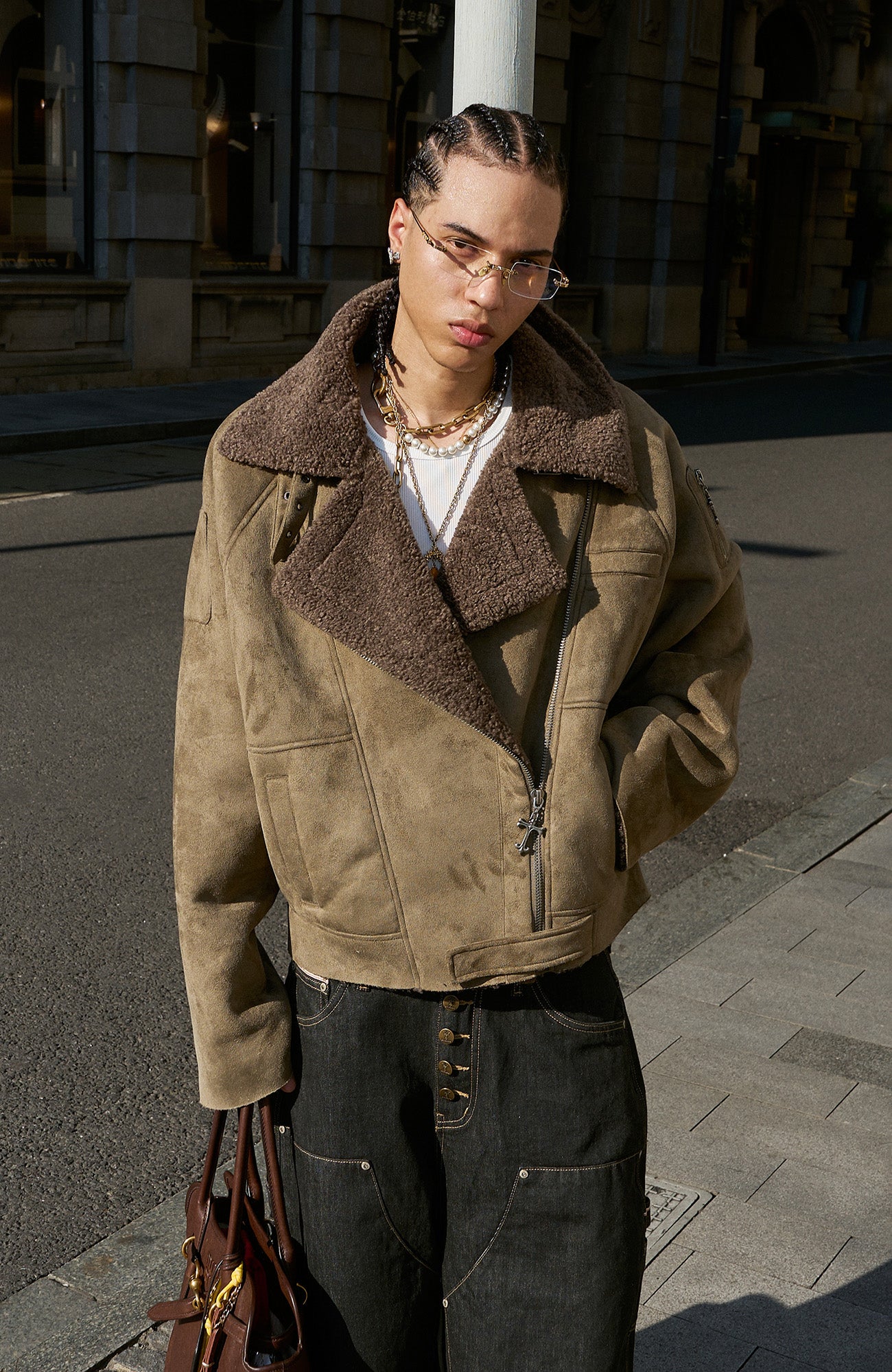 STEEPC Asym Zip Suede Shearling Jacket