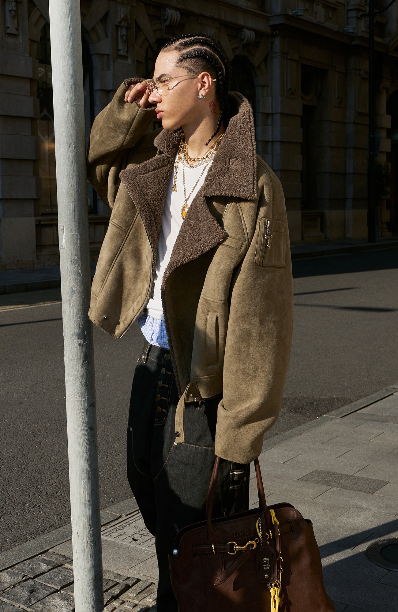 STEEPC Asym Zip Suede Shearling Jacket