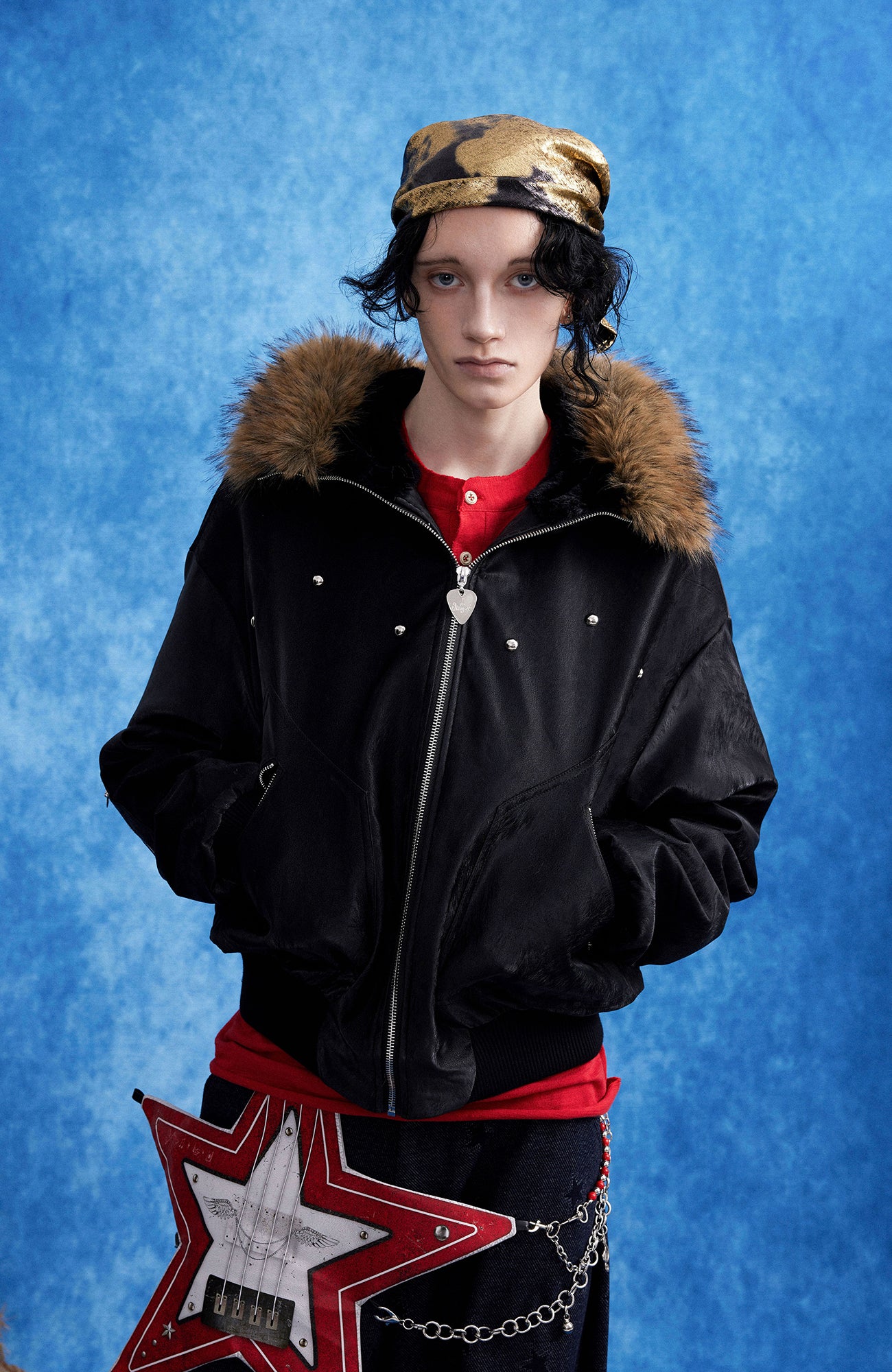 OIPWORD Studded Convertible Hood PU Puffer Jacket