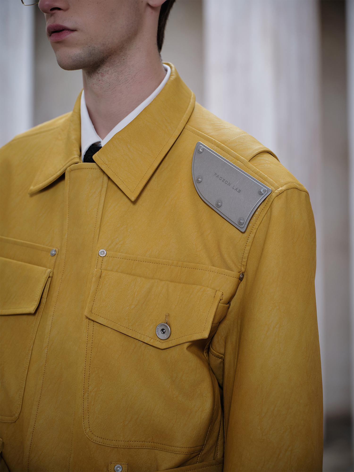 FACEONLAB Metal Epaulettes Belted Faux Leather Jacket Yellow