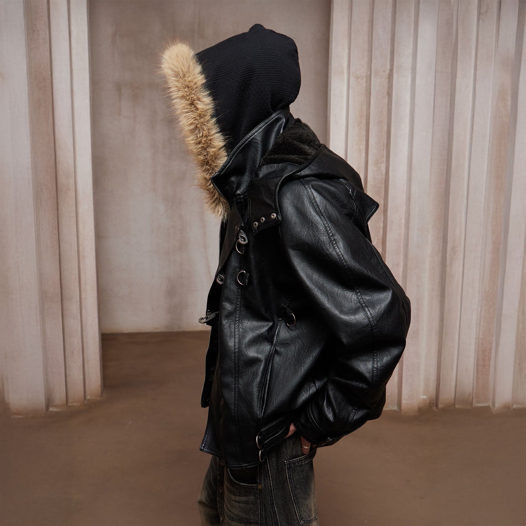 DND4DES Retro Buckle Faux Leather Hooded Jacket