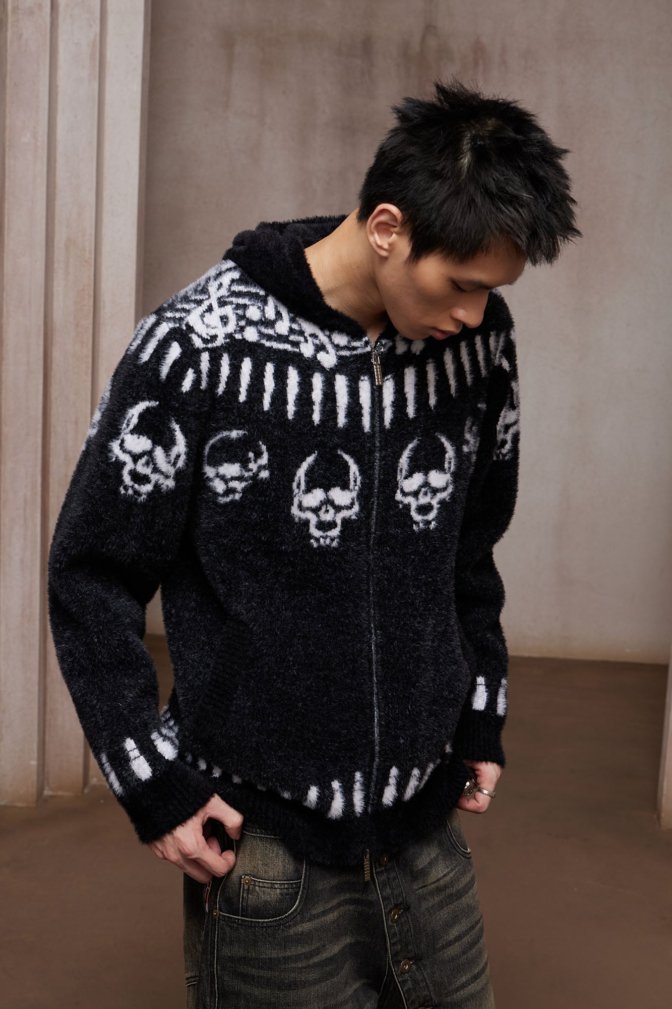 DND4DES Faux Mink Skull Jacquard Hooded Jacket