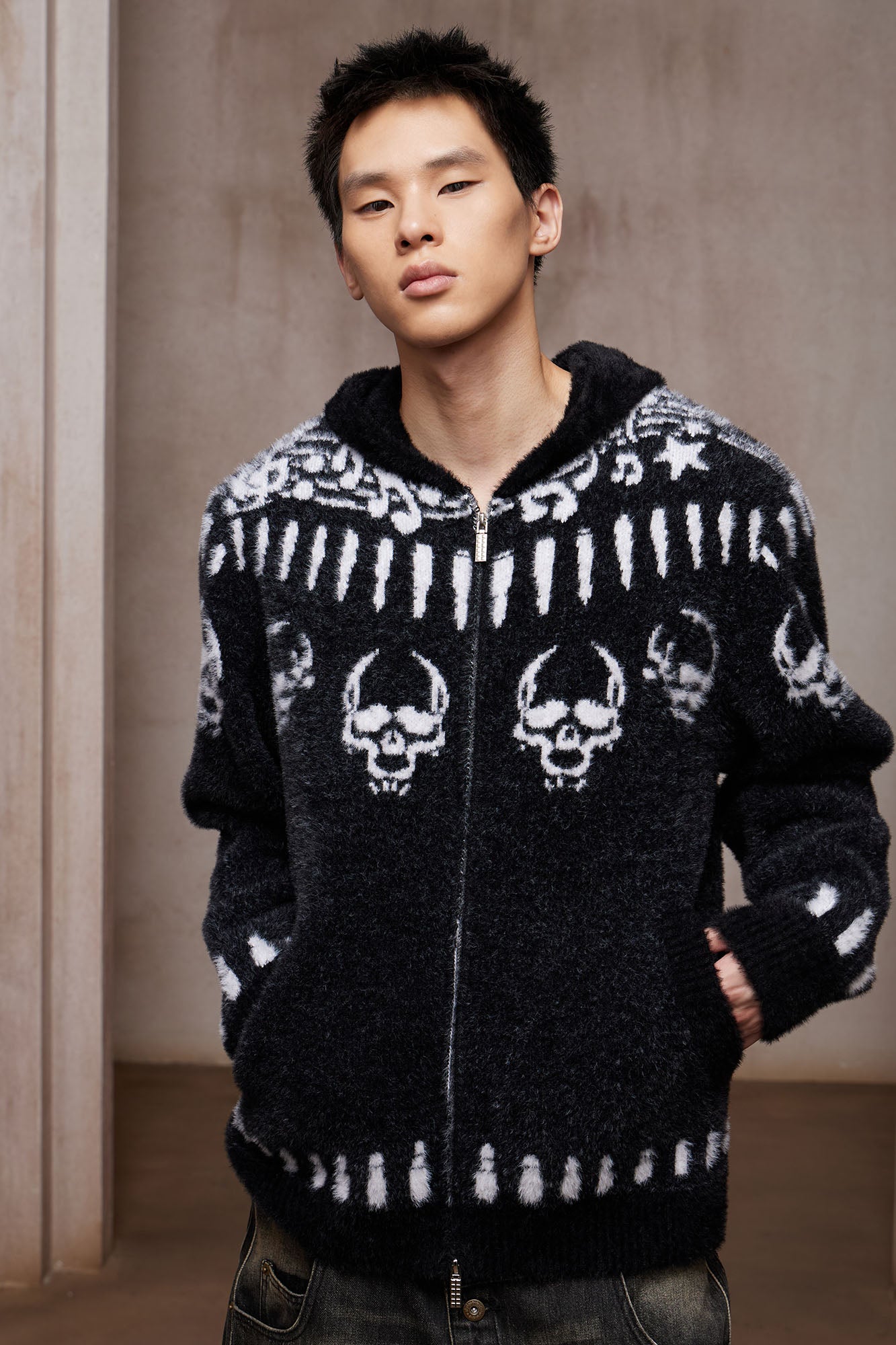 DND4DES Faux Mink Skull Jacquard Hooded Jacket