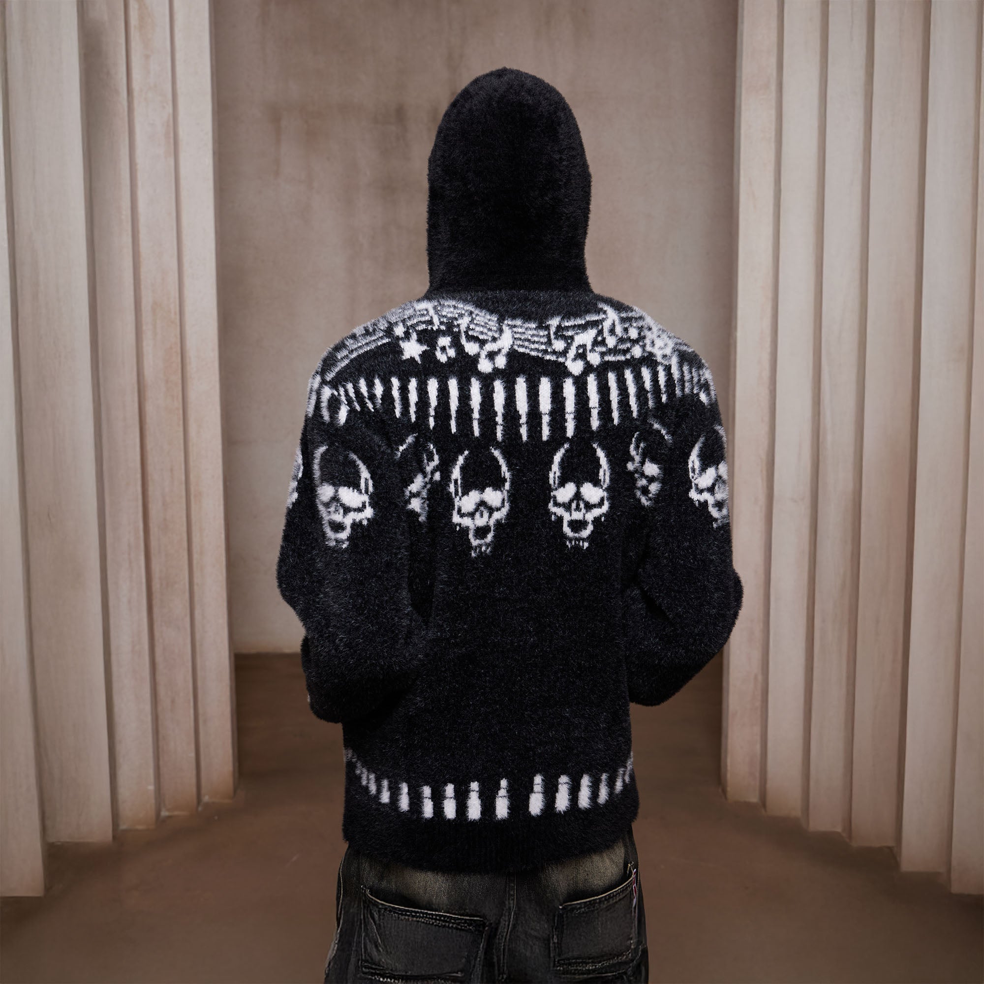 DND4DES Faux Mink Skull Jacquard Hooded Jacket