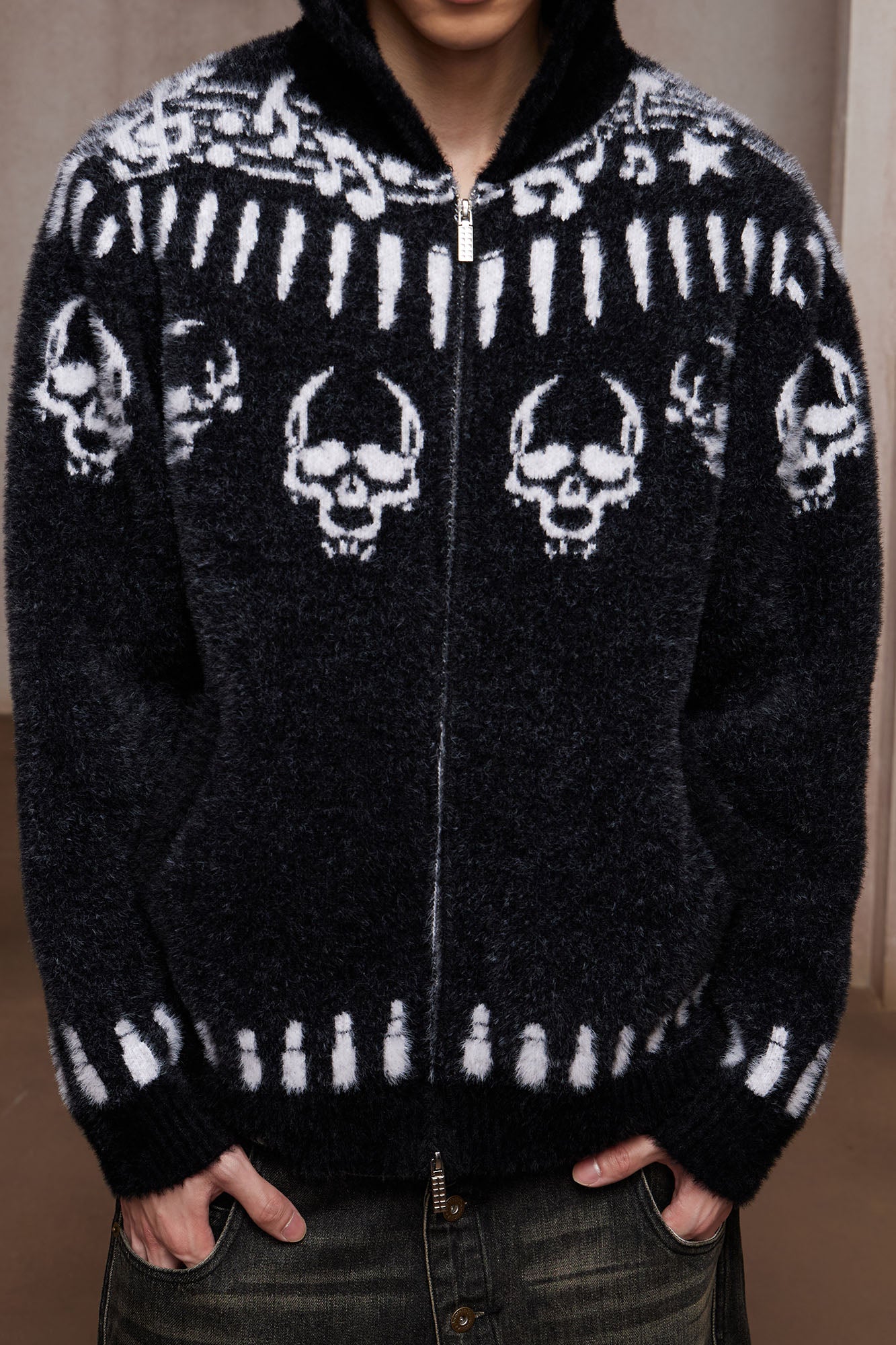 DND4DES Faux Mink Skull Jacquard Hooded Jacket