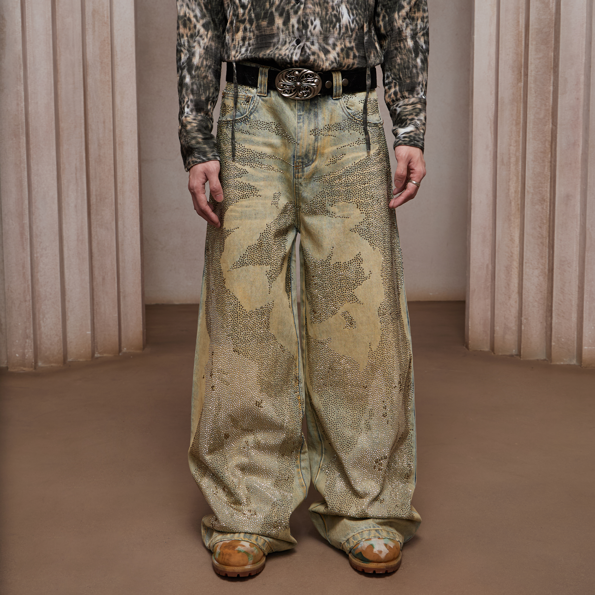 DND4DES Dirty-Washed Diamond Wide-Leg Jeans Yellow