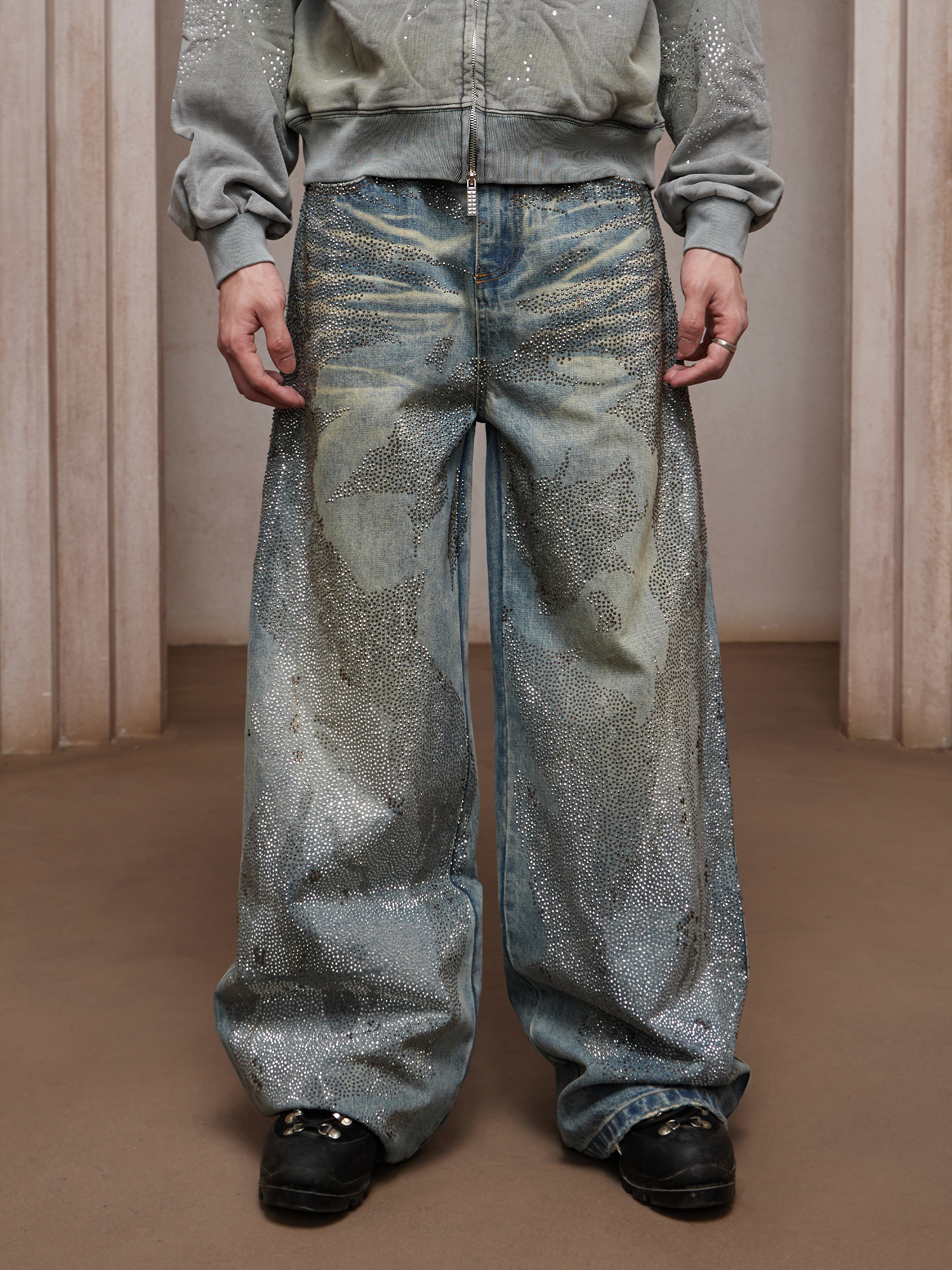 DND4DES Dirty-Washed Diamond Wide-Leg Jeans Blue