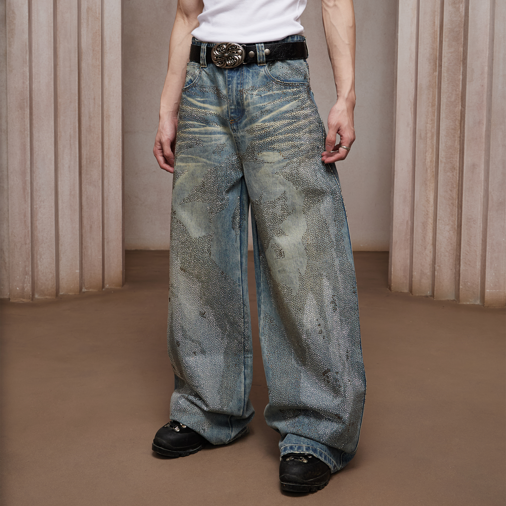 DND4DES Dirty-Washed Diamond Wide-Leg Jeans Blue