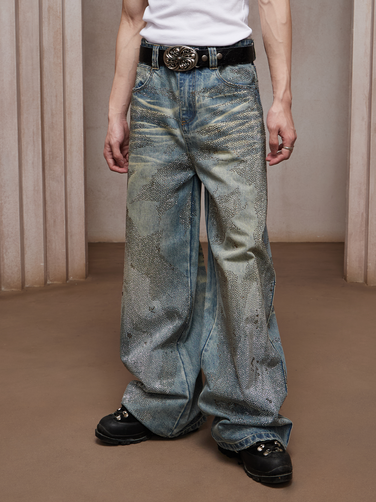 DND4DES Dirty-Washed Diamond Wide-Leg Jeans Blue